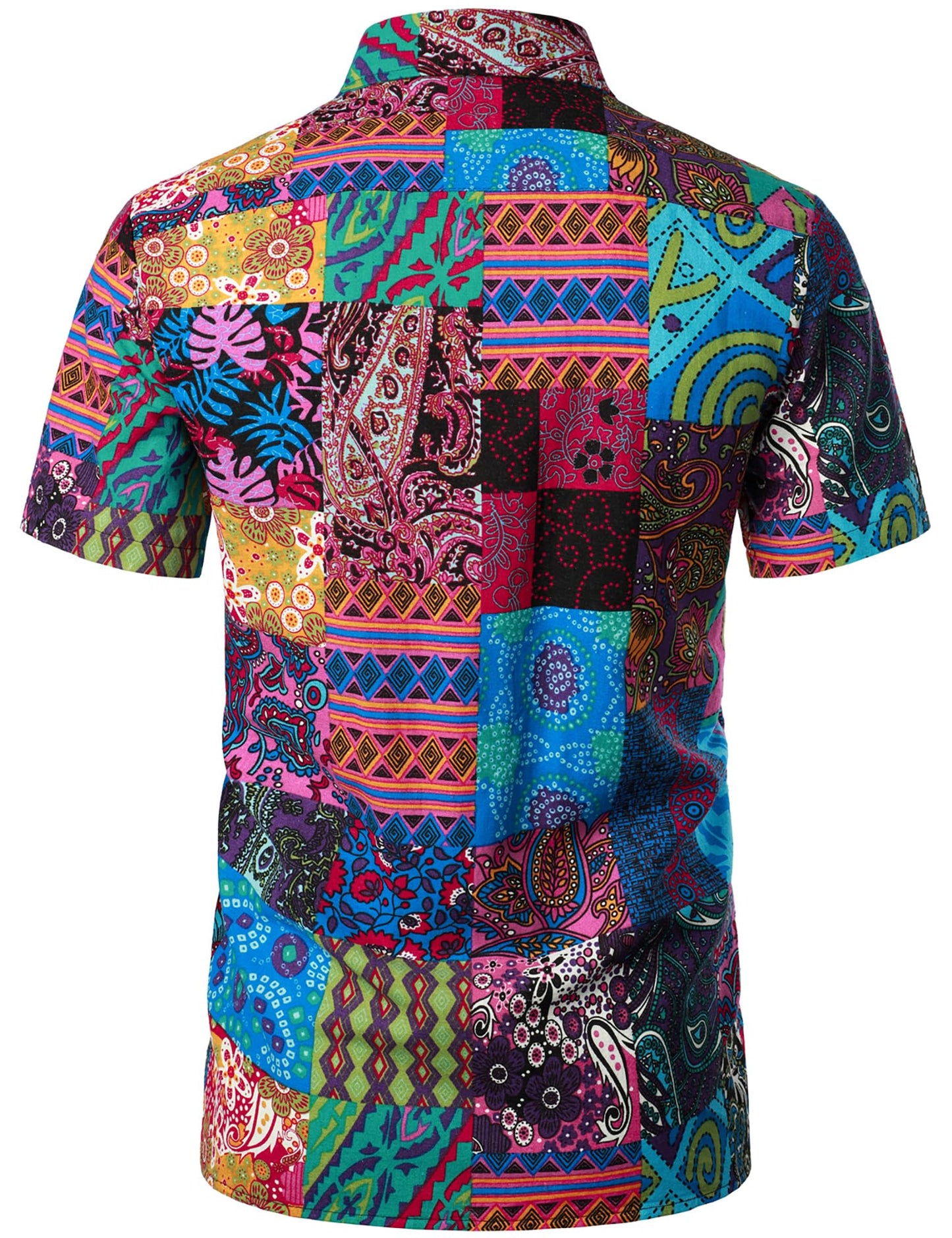 PARKLEES Men's Linen 70s Hippie Style Floral Print Shirt Short Sleeve Button Down Hawaiian Shirts Blue Pink Large