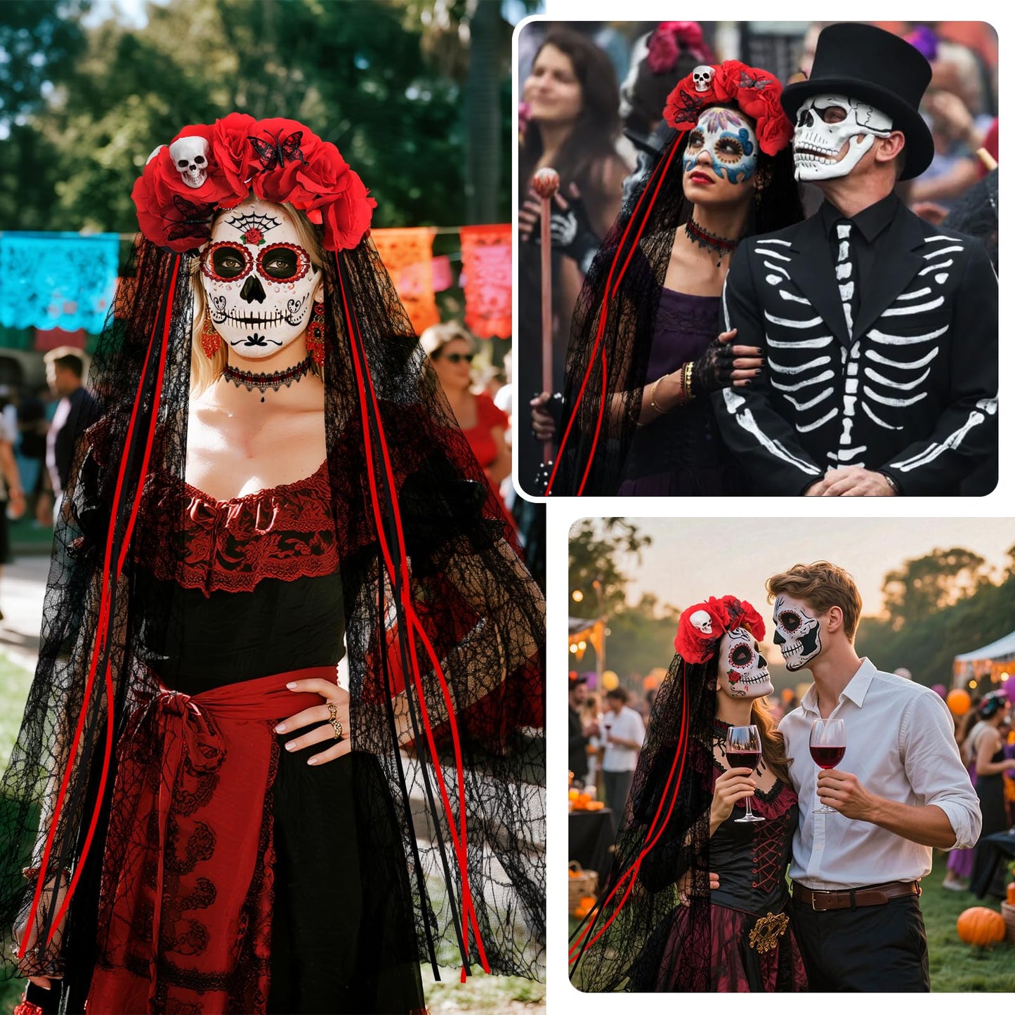 Yotako Day of the Dead Costumes for Women, Day of the Dead Headband Accessories, Veil, Tattoo, Black Rose, Necklace, Lace Eye Mask, Dia de Los Muertos Halloween Fancy Dress Costume Accessories