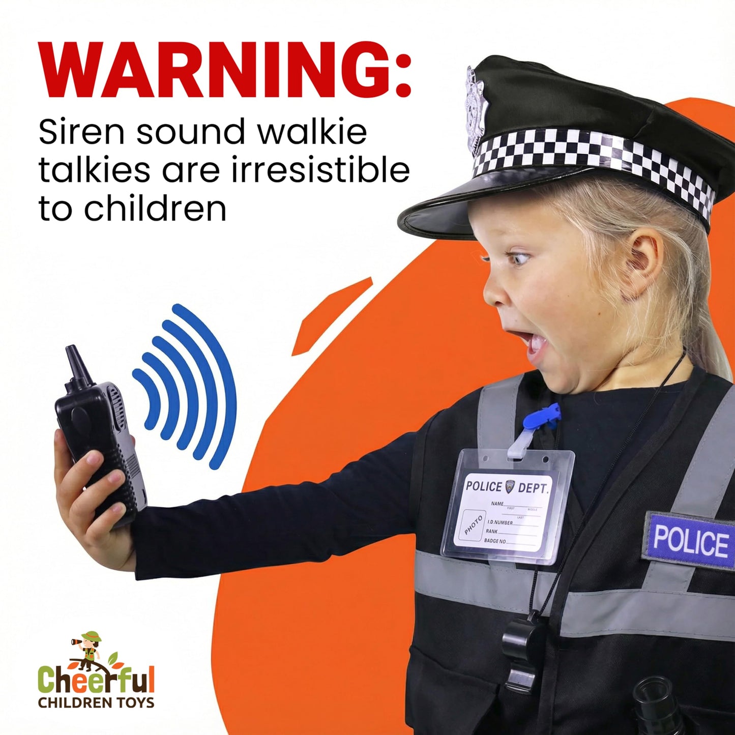 Police Costume Kids Ages 3-7, Complete Officer Set with Hat, Vest, Trousers & Siren Sound Walkie Talkie, Fancy Dress Roleplay Outfit for Halloween & Parties (Black Police Costume without Trousers)