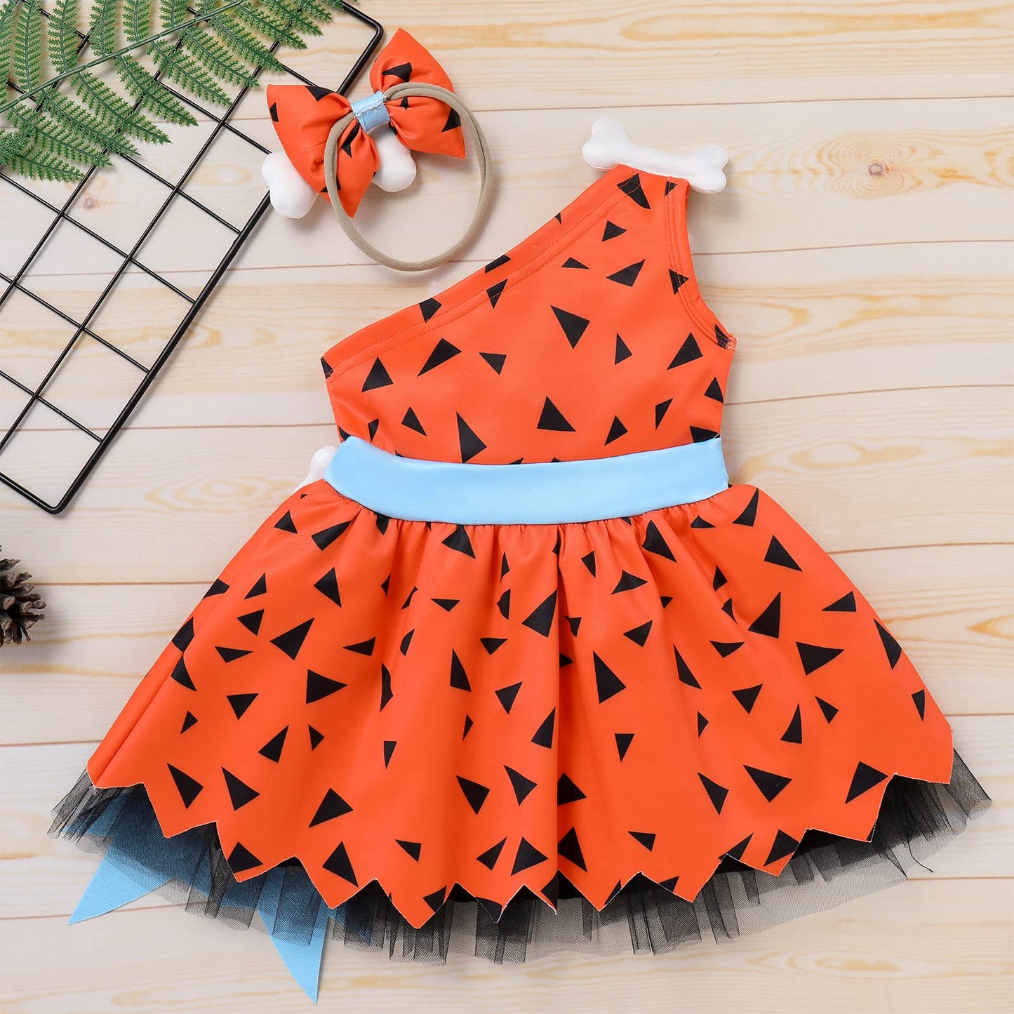 Kids Toddler Infant Baby Costume Historical Stone Age Cave Girl Fancy Dress Up One Shoudler Dress Bone Headband 1st Birthday Outfit Halloween Cosplay Orange Girl 6-12Months