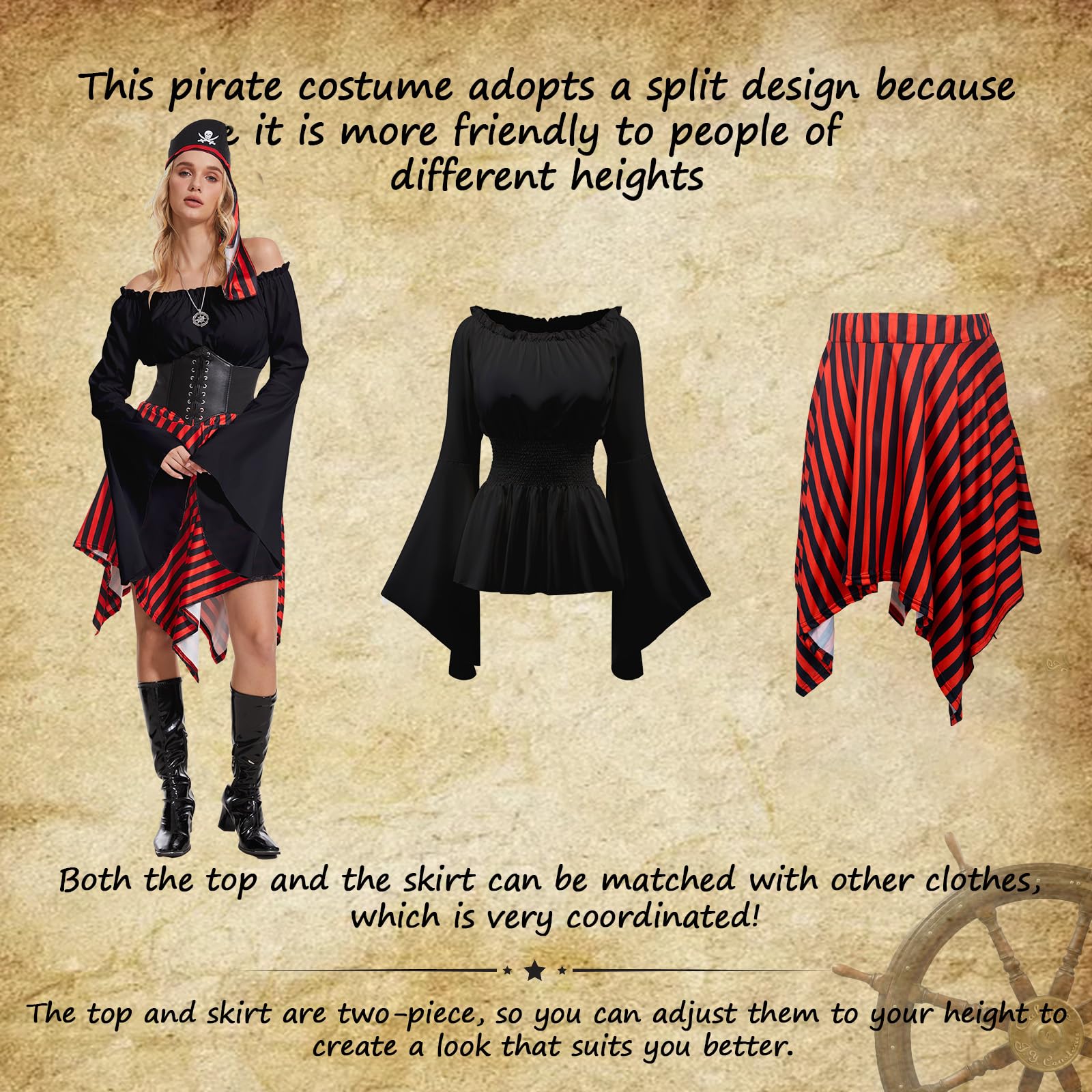 Pirate Costume for Adult Women with Waist Belt - Headscarf - Eye (image 3)