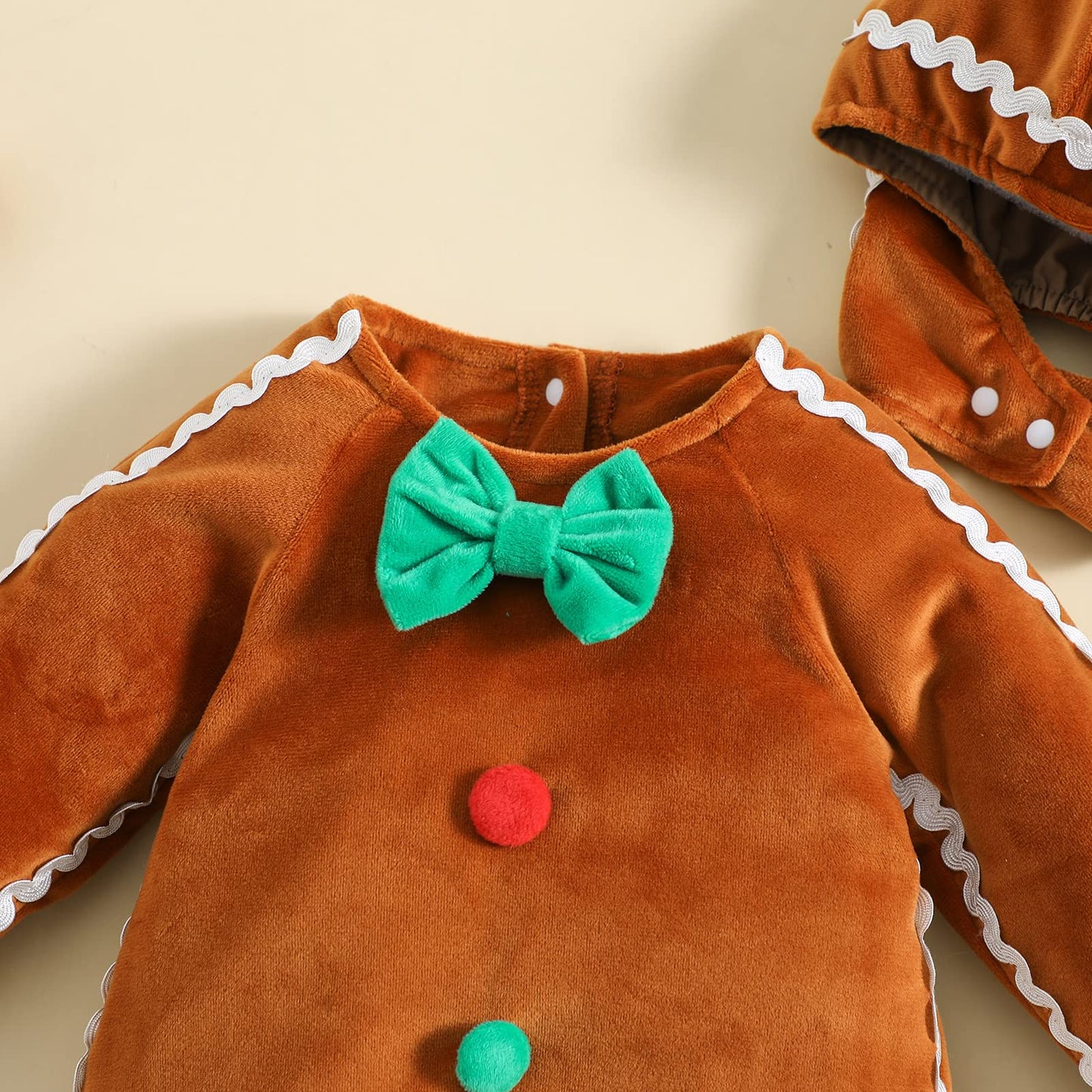 RUINIXCW Toddler Baby Boys Gingerbread Rompers Costumes Long Sleeve Jumpsuits Plush Bowtie with Hat Infant Christmas Outfits (Brown, 0-3 Months)