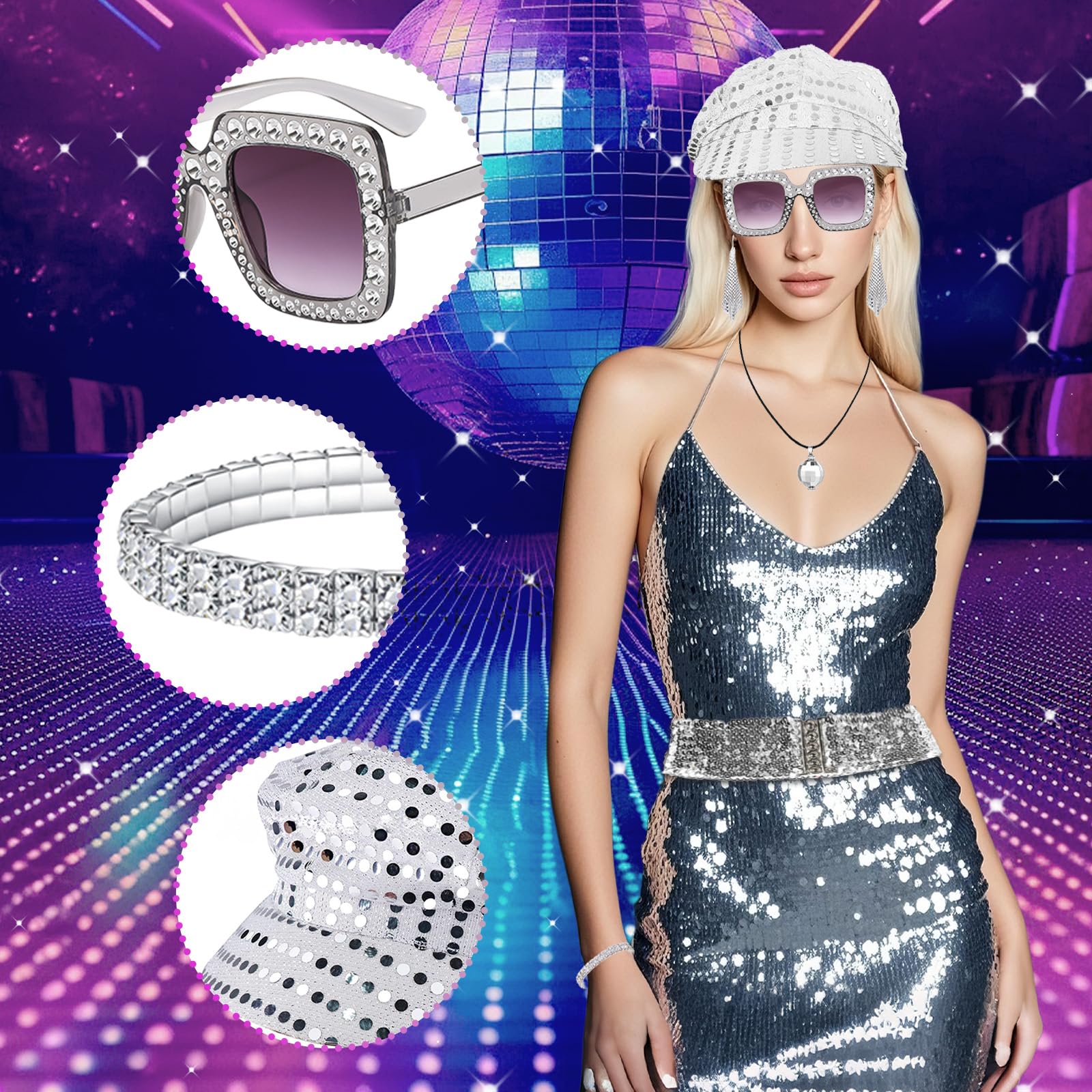 70s Disco Accessories - 70s Fancy Dress Costumes with Sequins Hat (image 3)