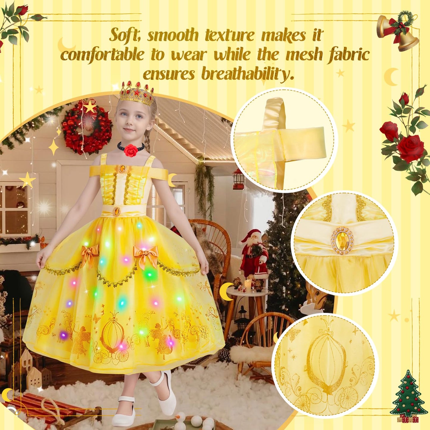 WIKITOT Princess Costume for Girls, Light up Yellow Princess Dress up for Girls Aged 3-10, World Book Day Fancy Dress Halloween Costumes(M)