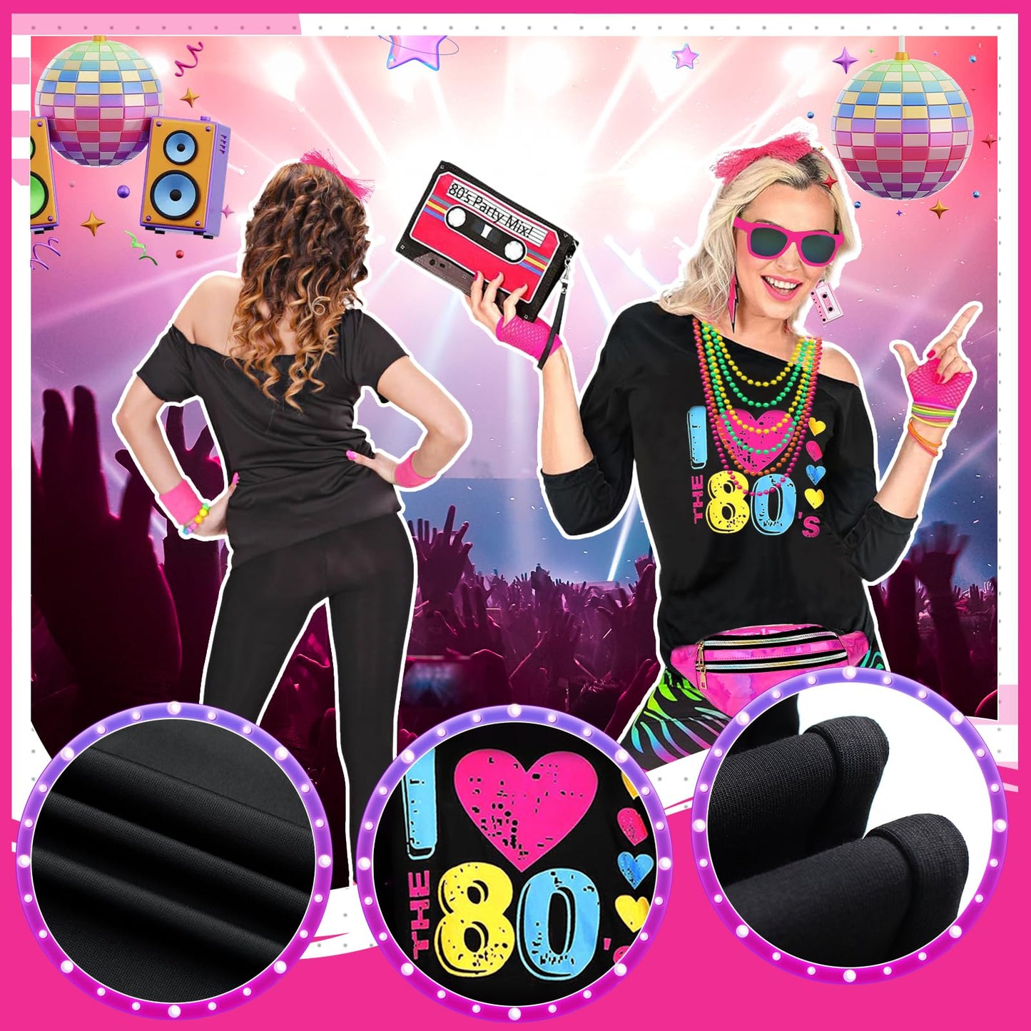 80s Fancy Dress Accessories for Women, Including T-Shirt Tutu Skirt Bumbag Leg Warmers Gloves Glasses Headband Earrings Necklace Bracelets 1980s Costume Outfits for Ladies Girls Hen Party