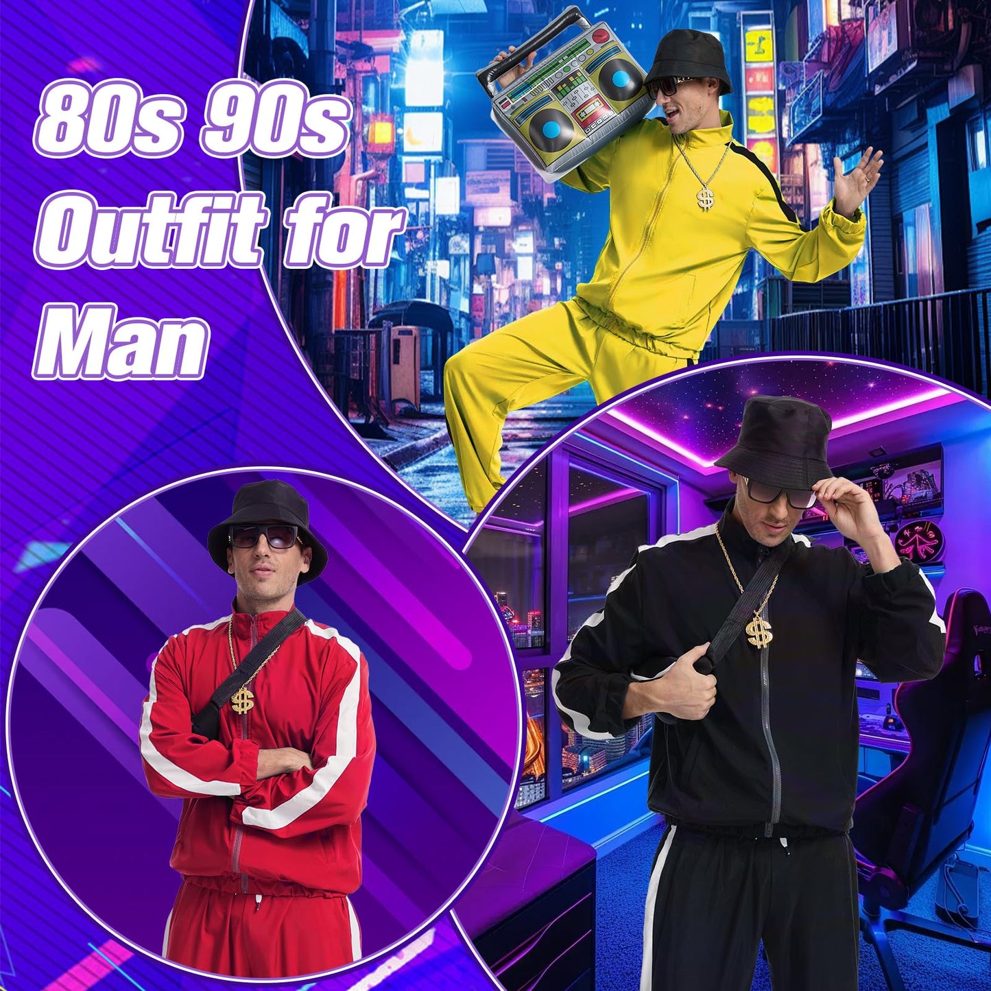 JDFAIJEAL Hiphop Costume Set for Men – Black Tracksuit with Hat, Glasses, Gold Round Necklace, Fanny Pack & Boombox Balloon – Hip Hop Outfit for Party, Halloween, Cosplay (Green, XXXL)