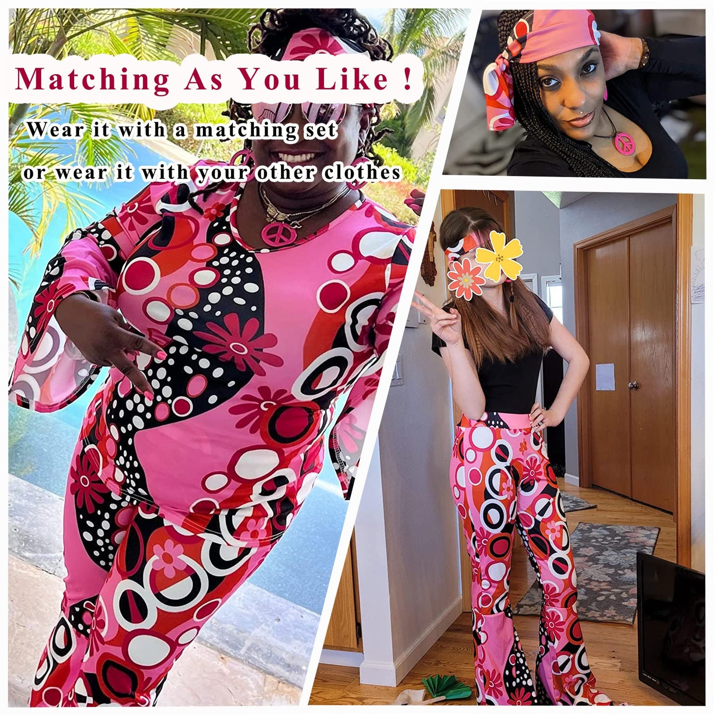 YADODO 60s 70s Fancy Dress Women Disco with Hippie Costume Flared Trousers Clothes Hippy Accessories Fancy Dress for Women Adult 1970s 1960s 70 Style Ladies Pink Flower Power