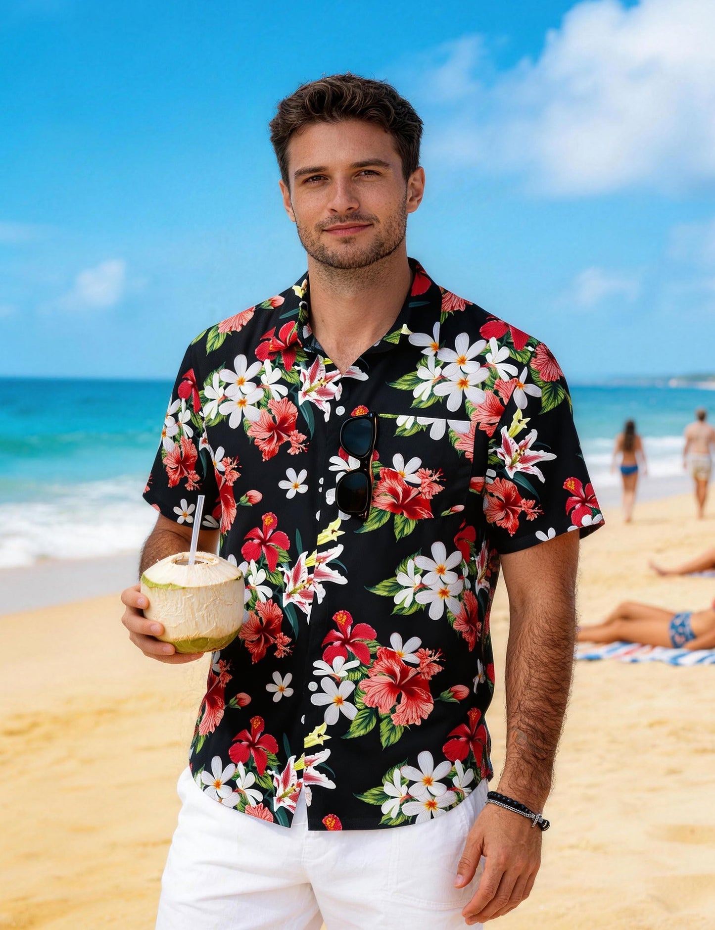 Men's Hawaiian Shirt Short Sleeve with Pocket - Black Tropical