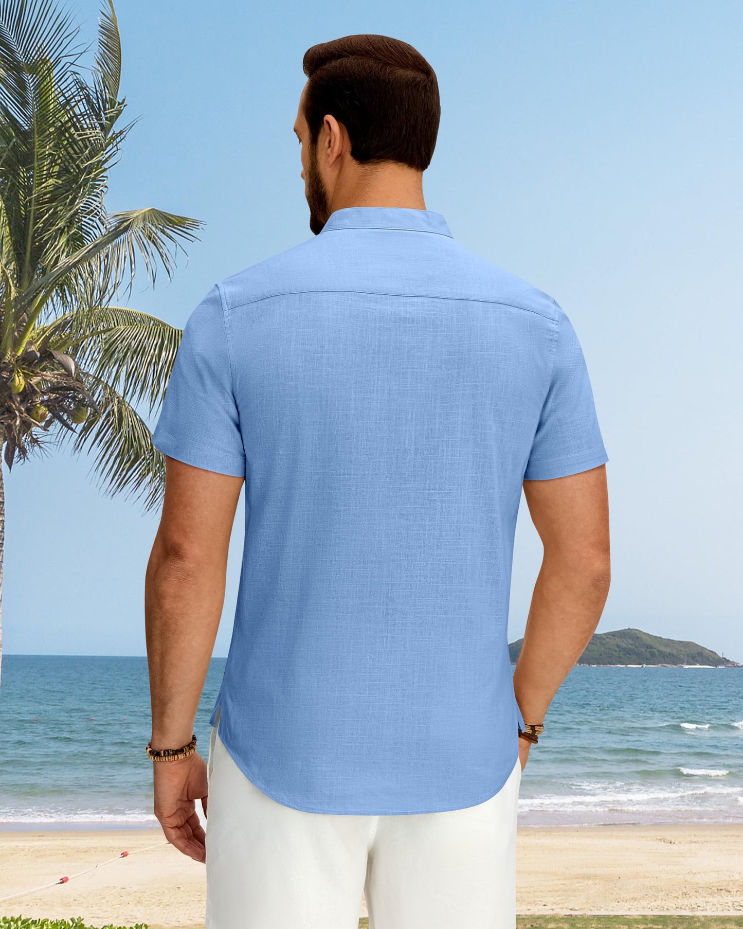 Linen Short Sleeve Shirts Men Grandad Collar Button Down Casual