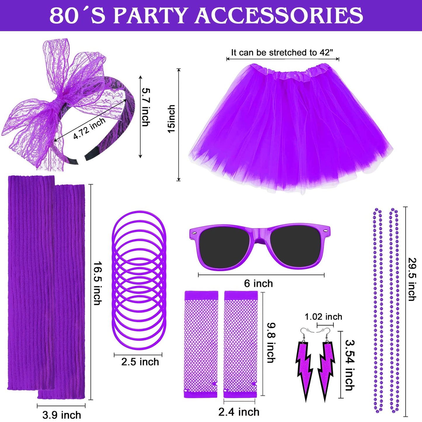 Pipihome 80s Costume Accessories Set for Women, 80s Fancy Dress Neon Headband Earrings Fishnet Gloves Bracelets Necklace Headband Accessories for 80s Retro Party