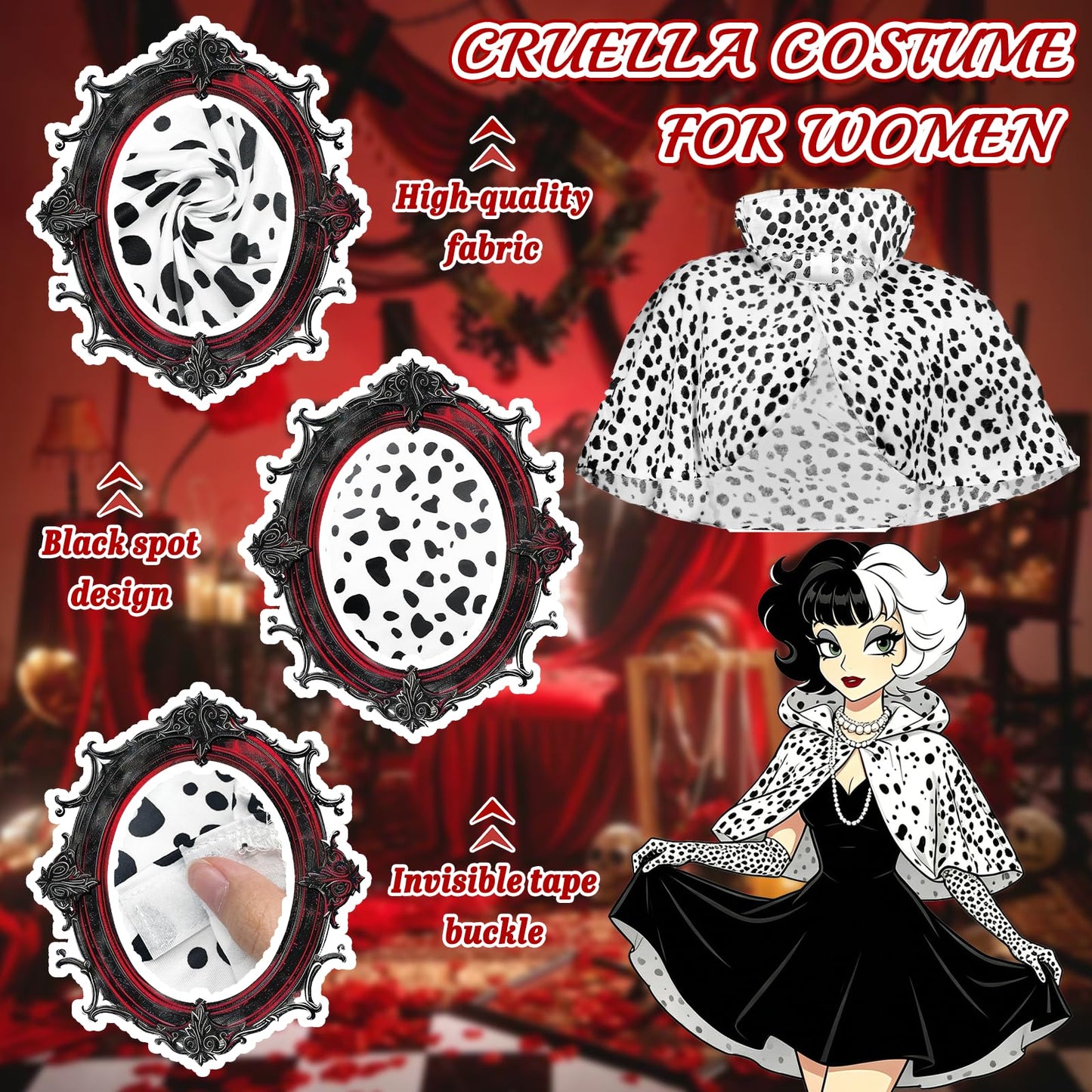 Cruella Costume Accessories Set for Women - Villain Fancy Dress Kit