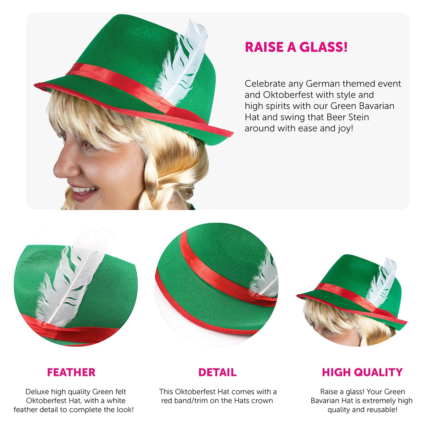 Adults Green Bavarian Hat - Pack of 6 Green and Red Oktoberfest Hat with Feather Detail - Adults German Oktoberfest Fancy Dress Costume Accessory