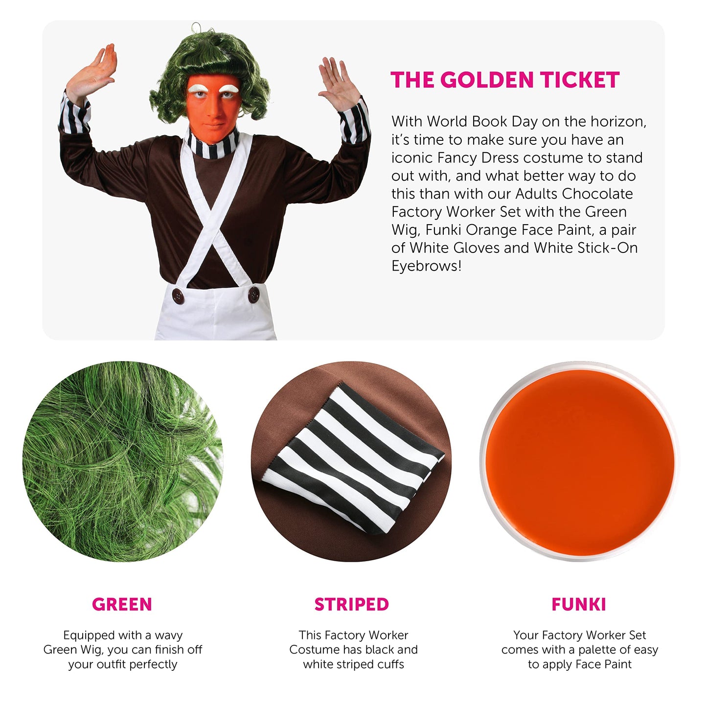 Adults Chocolate Factory Worker - Small - Brown Top, White Trousers, Green Wig, Gloves, Eyebrows, Facepaint - Mens Teacher School Book Week World Book Day Fancy Dress Costume