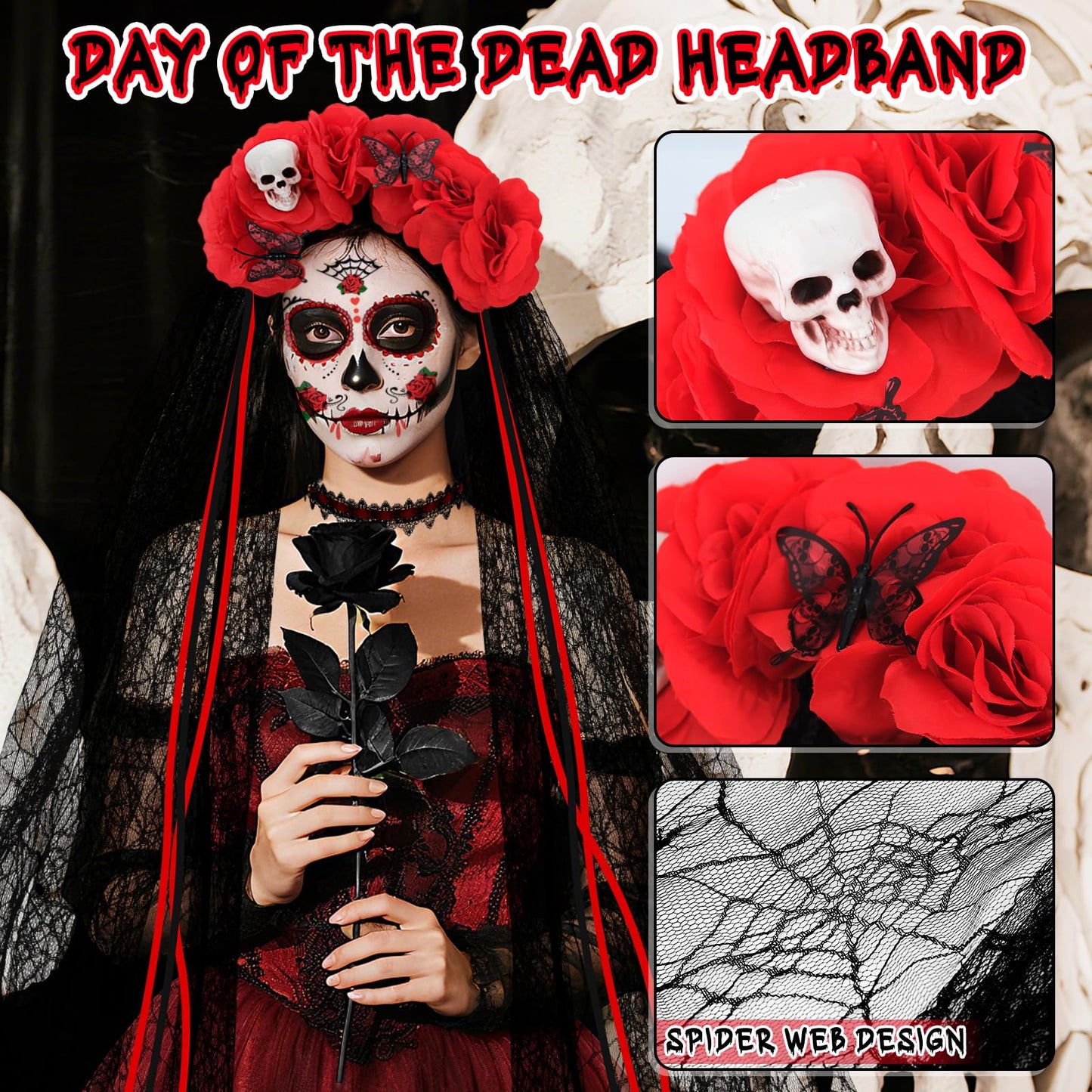 Yotako Day of the Dead Costumes for Women, Day of the Dead Headband Accessories, Veil, Tattoo, Black Rose, Necklace, Lace Eye Mask, Dia de Los Muertos Halloween Fancy Dress Costume Accessories