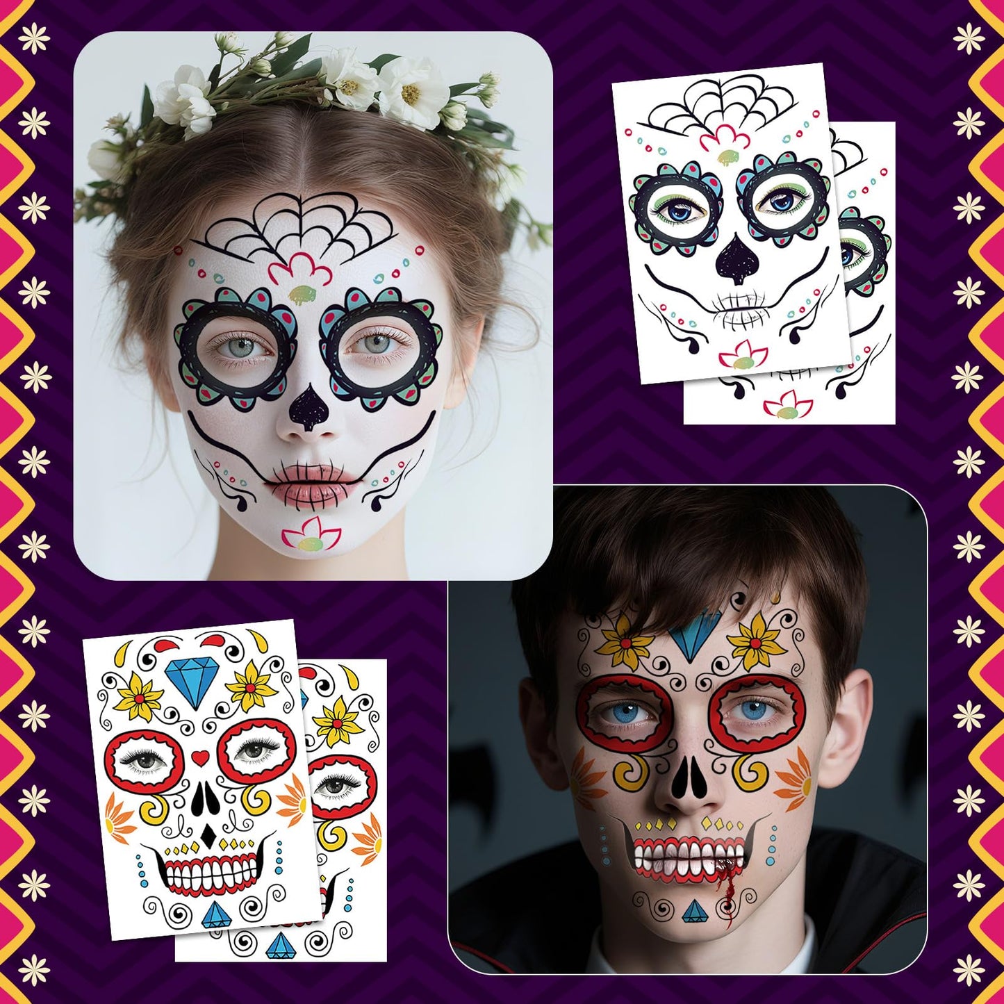 Leesgel Day of the Dead Costumes Face Tattoo, 9 Sheets Temporary Tattoos Stickers for Day of the Dead Mask Face Paint Makeup Accessories, Dia de Los Muertos Halloween Decorations