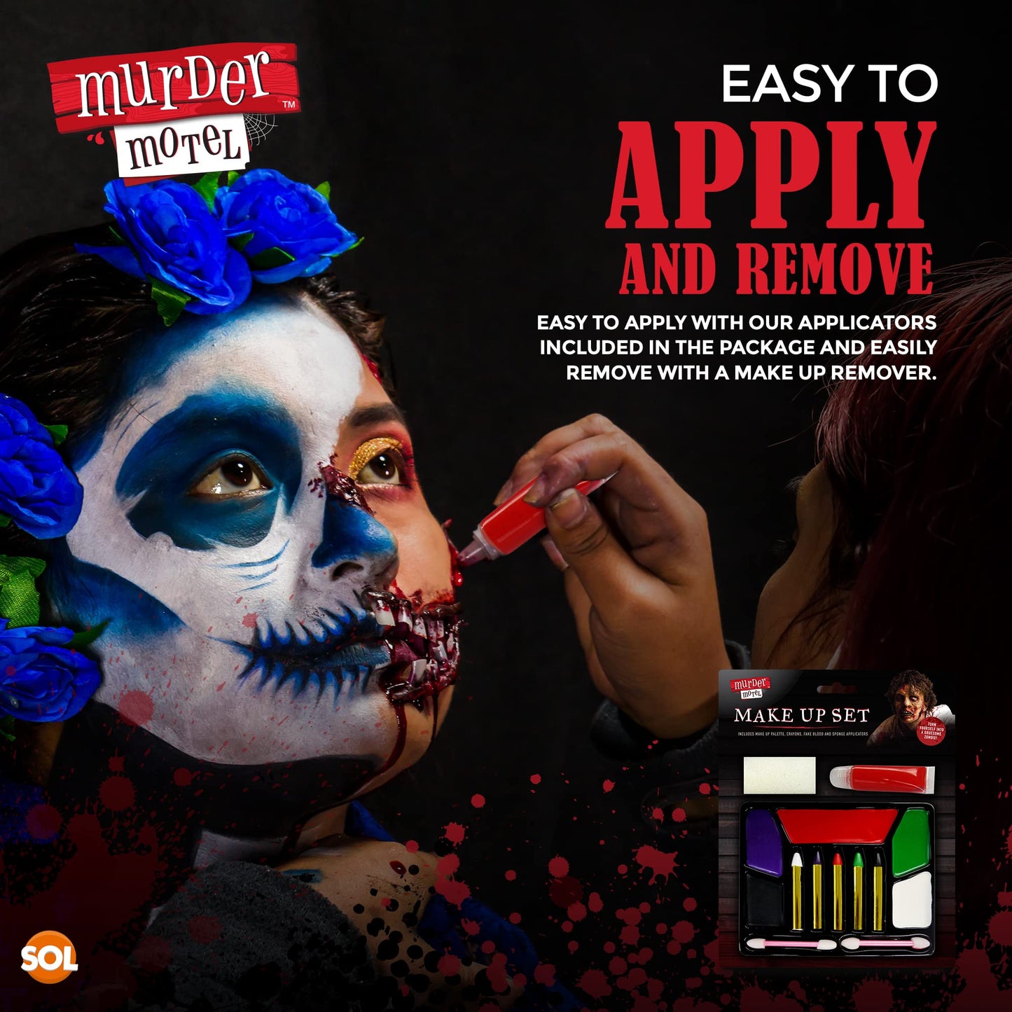 SOL 1pk Zombie Makeup Set, Includes Face Paint Colour Palette, Crayons, Fake Blood and Sponge, Halloween Vampire SFX Make Up Kit for Children, Special Effects Face Paint Set for KIds and Adults