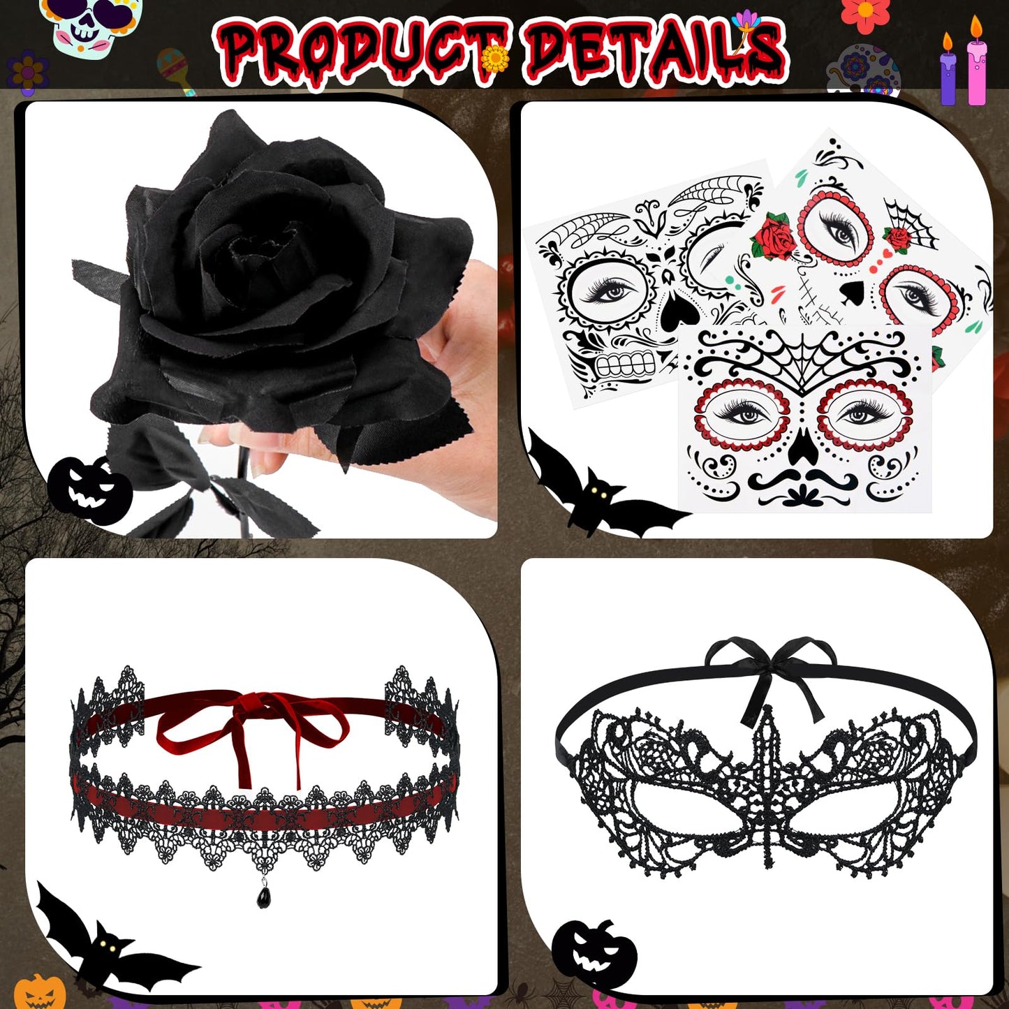 Yotako Day of the Dead Costumes for Women, Day of the Dead Headband Accessories, Veil, Tattoo, Black Rose, Necklace, Lace Eye Mask, Dia de Los Muertos Halloween Fancy Dress Costume Accessories
