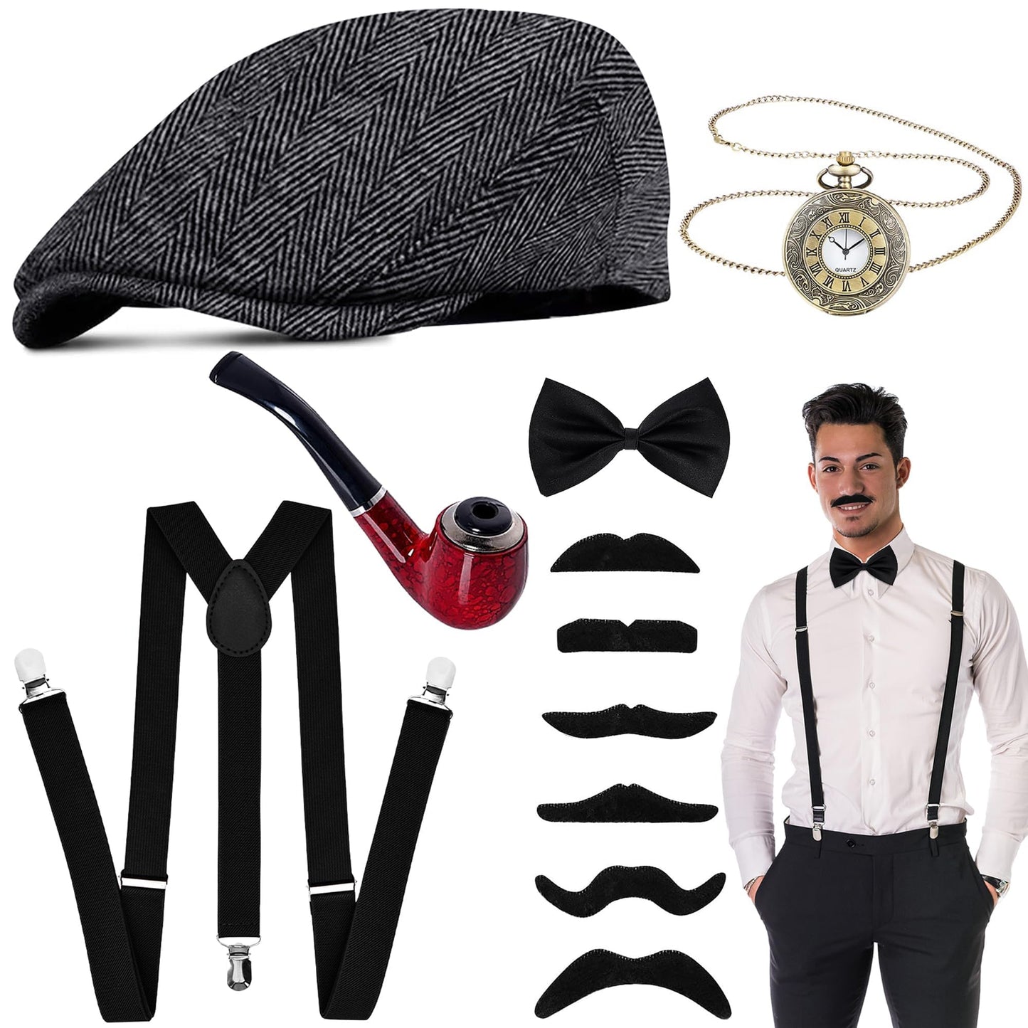 1920s Mens Costume Accessories with Hat - Suspenders - Pocket Watch