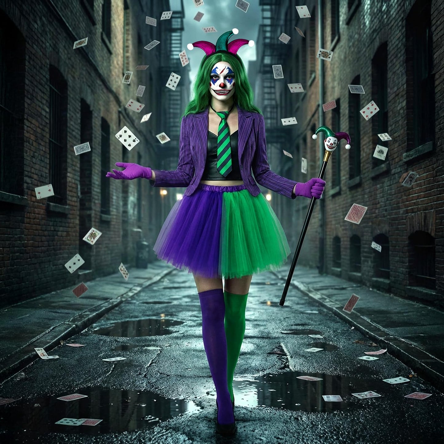 6 PCS Halloween Clown Costume Women, Joker Outfit - Clown Headband Face Tattoos Tie Gloves Knee High Socks Tutu Skirt, Harlequin Jester Joker Costume Women Accessories for Halloween Carnival Cosplay