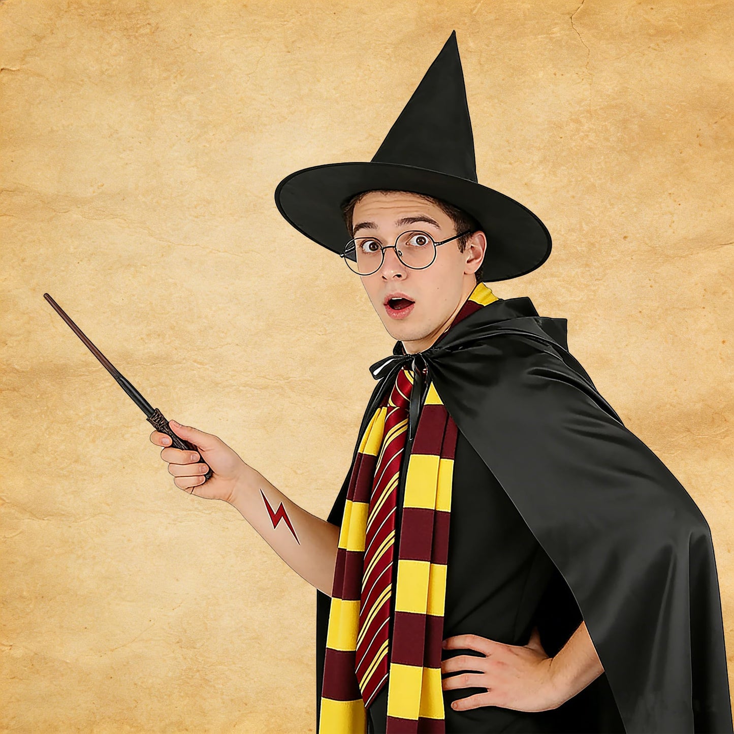 DABAOOU 7pcs Wizard Cape Costume Accessories Set, Halloween World Book Day Fancy Dress Adults, Black Hooded Cape, Scarf, Magic Wand, Glasses, Tie, Hat and Tattoo Stickers, Themed Party Cosplay Outfit