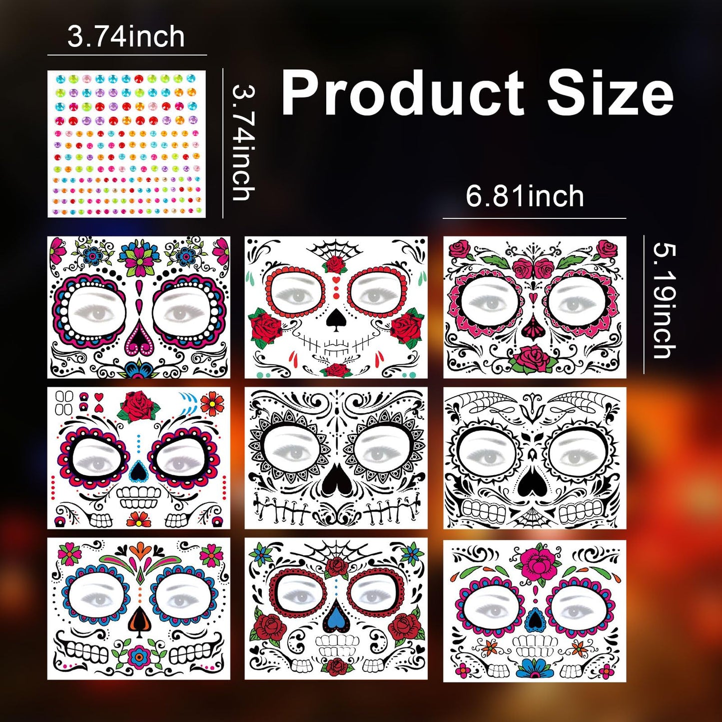 iwiio Day of the Dead Face Tattoos, 9pcs Temporary Stickers - Skeleton, Web, Red Rose Designs for Adults & Kids Halloween Masquerade Party