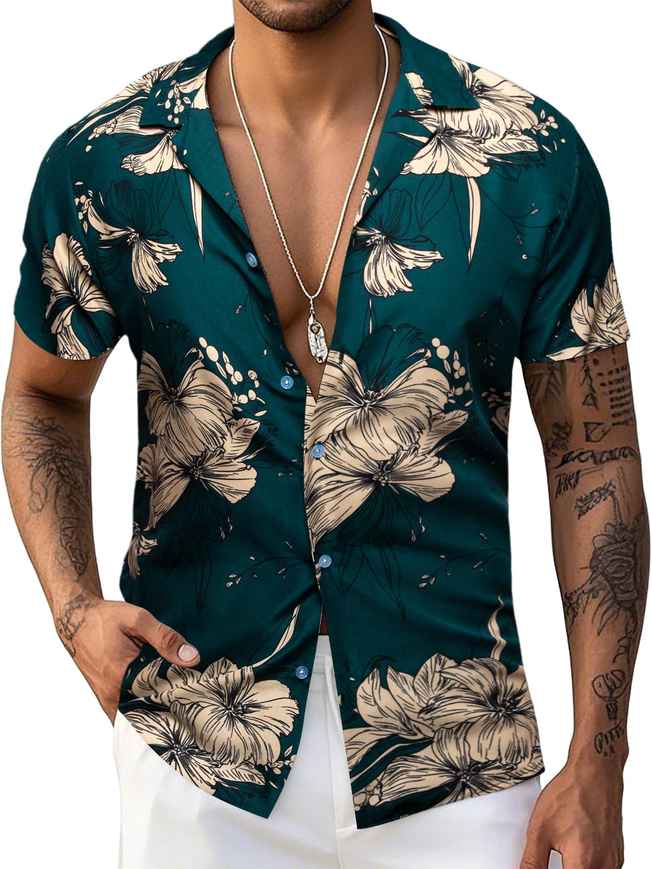 Mens Hawaiian Shirts Short Sleeve Summer Funky Floral Cuba-Neck