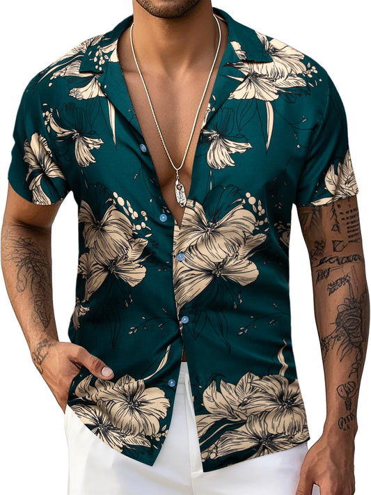 Men's Hawaiian shirt with funky floral Cuba-neck design