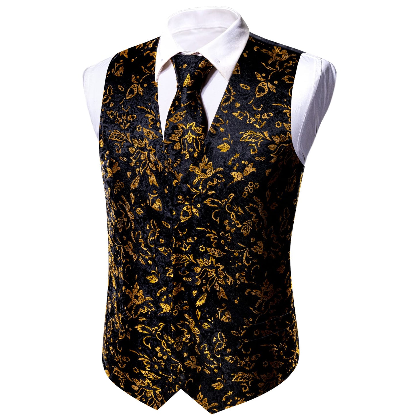 Barry.Wang Mens Paisley Black Gold Waistcoat Flower Jacquard V-neck Suit Vest Set for Wedding