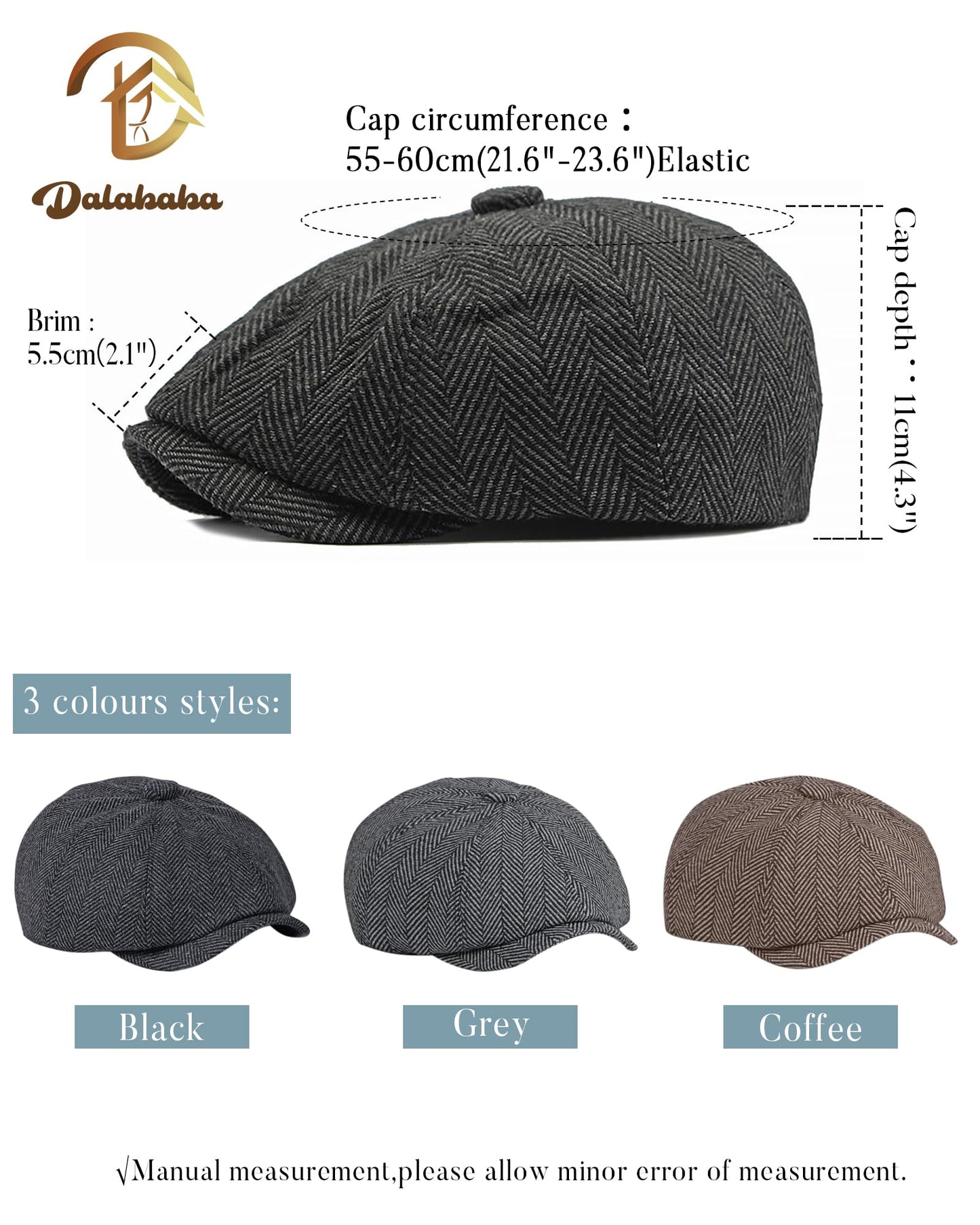 Mens Herringbone 8 Panel Caps - Classic Newsboy Tweed Flat Cap