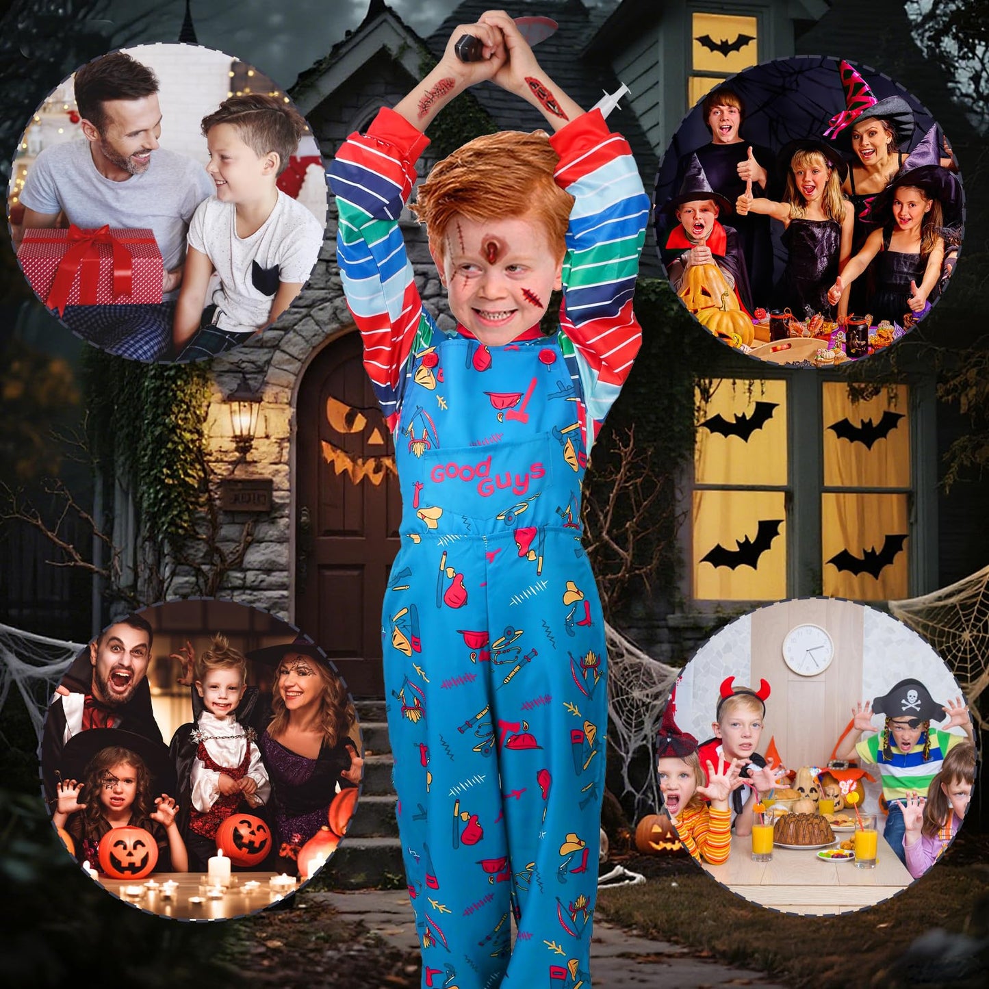 viallolipa Halloween Costume Kids, Creepy Doll Costume for Boys Girls, Killer Doll Movie Character Costume with Simulated Knife Hair Band Tattoo Sticker Props for Cosplay