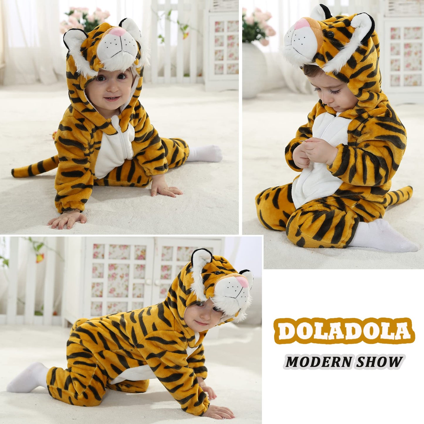 Doladola Baby's Hooded Onesie Cartoon Animal Romper Baby Loungewear Newborn Outfits Jumpsuit(0-3 Months,Tiger)