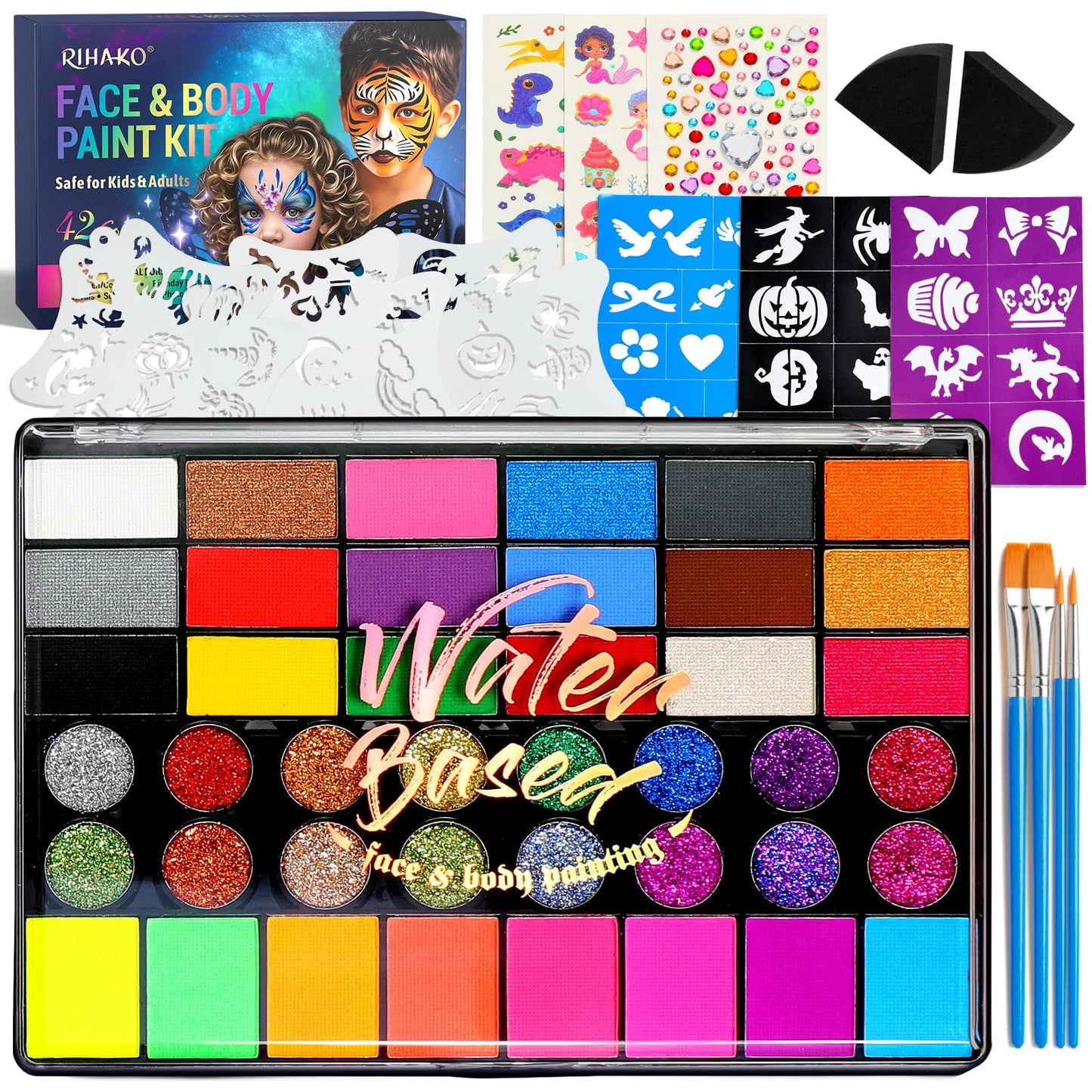 Face Painting Kit for Kids, 42 Colors Professional Face Paint Kit, Body Paint Set with Stencils, Brush, Gems, for Carnival, Halloween, Costume Makeup, Children's Day, Parent-Child Companionship Gifts