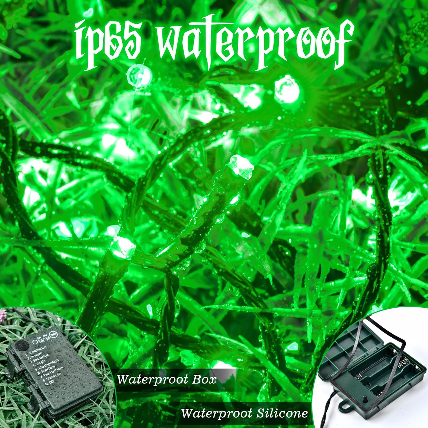 FFZZKJ Halloween Lights Outdoor 8 Modes Total 100 LED with Timer Waterproof 16.4Ft*2, 50LED*2 Fairy Lights Battery Operated for Halloween Decorations, Green