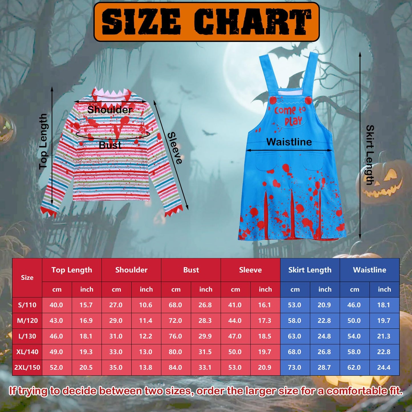 Antsparty Chucky Costume, Halloween Creepy Doll Costume Set with Striped Tops Skirts Socks Stickers, Horror Evil Doll Costumes for Halloween Cosplay