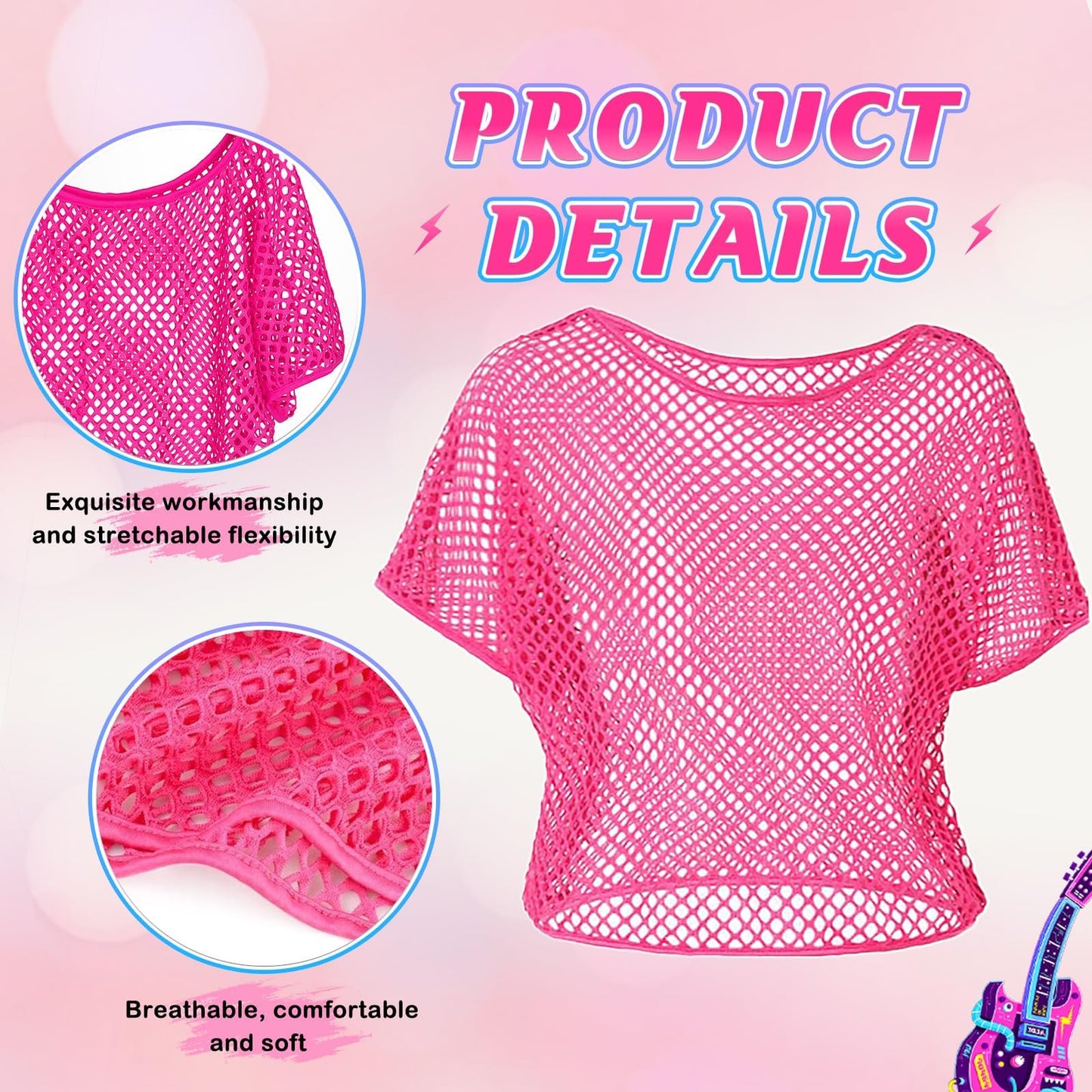 80s Fancy Dress for Women Neon Pink Outfit Set - 1980s Mesh Top Holographic Bum Bag Leg Warmers Fishnet Gloves Glasses Jewellery Ladies Retro Disco Hen Party Festival Costume Accessories (Rose Red)