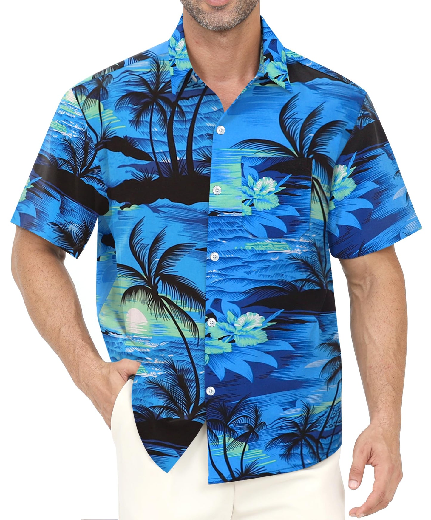 Hawaiian Shirt for Men with Chest Pocket - Short Sleeve Lightweight