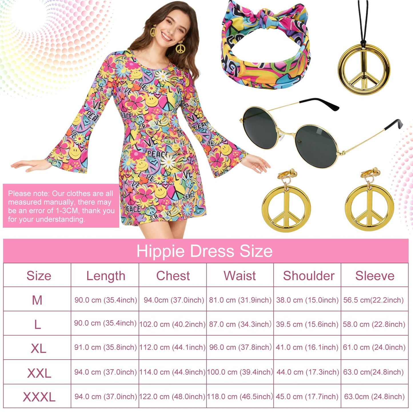 AYBUY Women’s Hippie Dress, 60s 70s Fancy Dress Women Disco Outfit with Necklace, Earrings, Sunglasses and Band, 1960s 1970s Retro Hippy Clothes for Halloween Carnival Cosplay Party, M (Style A