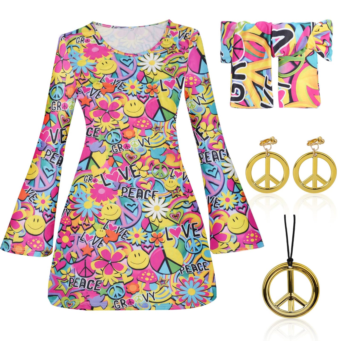 AYBUY Women’s Hippie Dress, 60s 70s Fancy Dress Women Disco Outfit with Necklace, Earrings, Sunglasses and Band, 1960s 1970s Retro Hippy Clothes for Halloween Carnival Cosplay Party, M (Style A