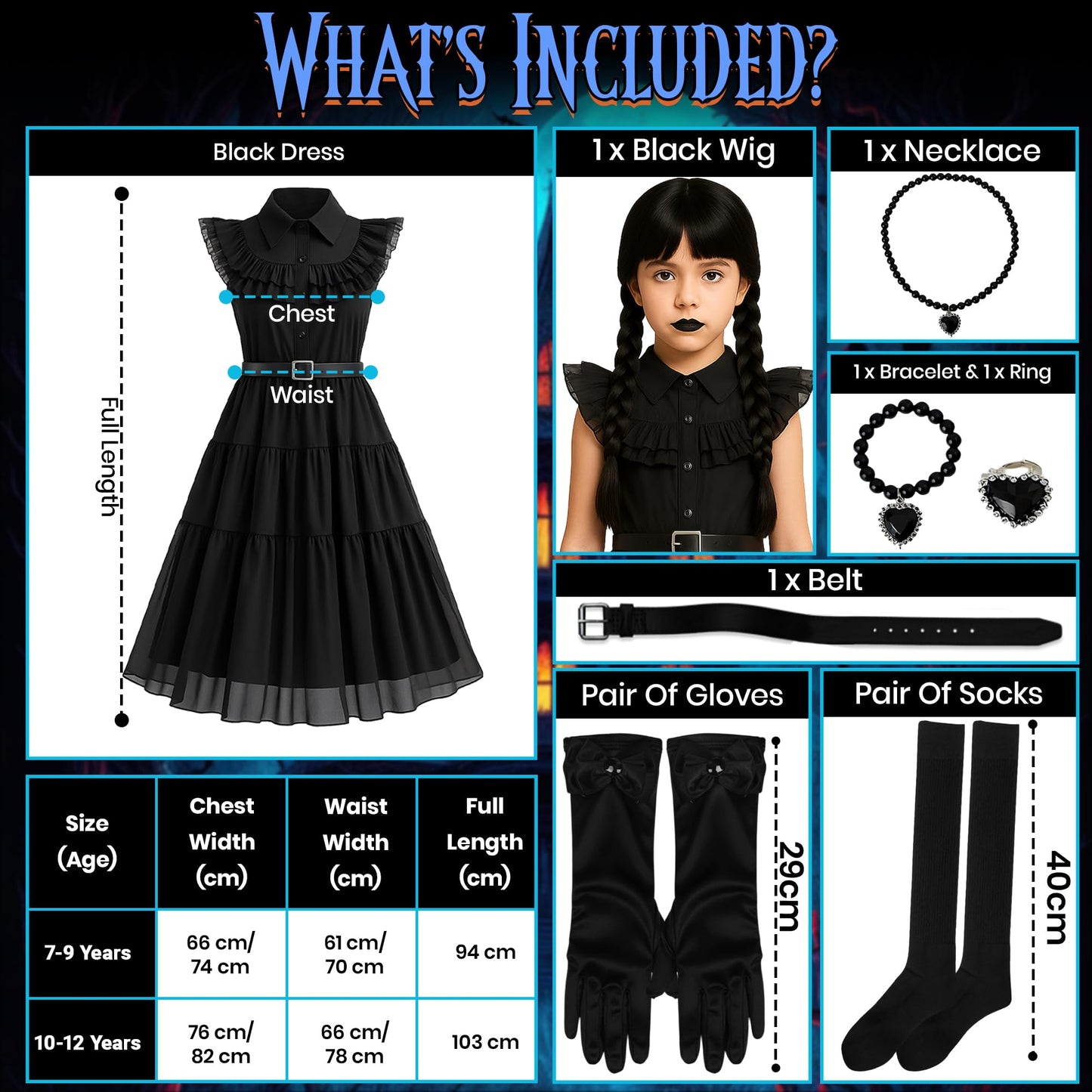 8pc Gothic School Girl Halloween Costume Kids with Gothic Dress and Belt, Kids Black Plaited Wig, Black Gloves, Knee High Socks and Fancy Dress Jewellery - Halloween Costumes for Girls (7-9 Years)
