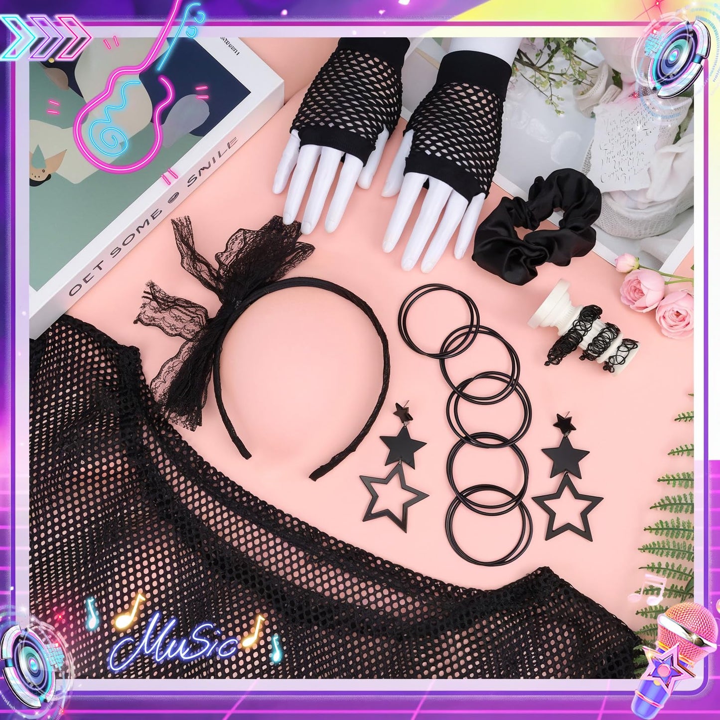 Dazzroi 80s Women Costume Accessories Set, 20Pcs 1980s Party Costume Set Includes Black Fishing Net T-shirt Gloves Headband Earrings Scrunchie Necklace Bracelets Ring for Retro 80s Party