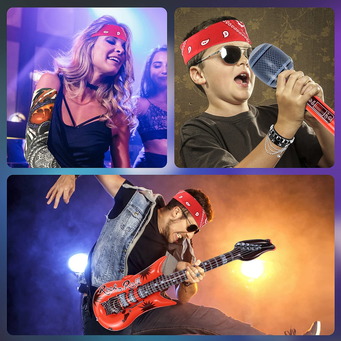 Dreamtop 10Pcs Punk Rockstar Fancy Dress Gothic Rocker Costume Set Rock Star Accessories with Gloves Sunglasses Bandana Tattoo Sleeves Bracelet Ring Inflatable Guitar Microphone