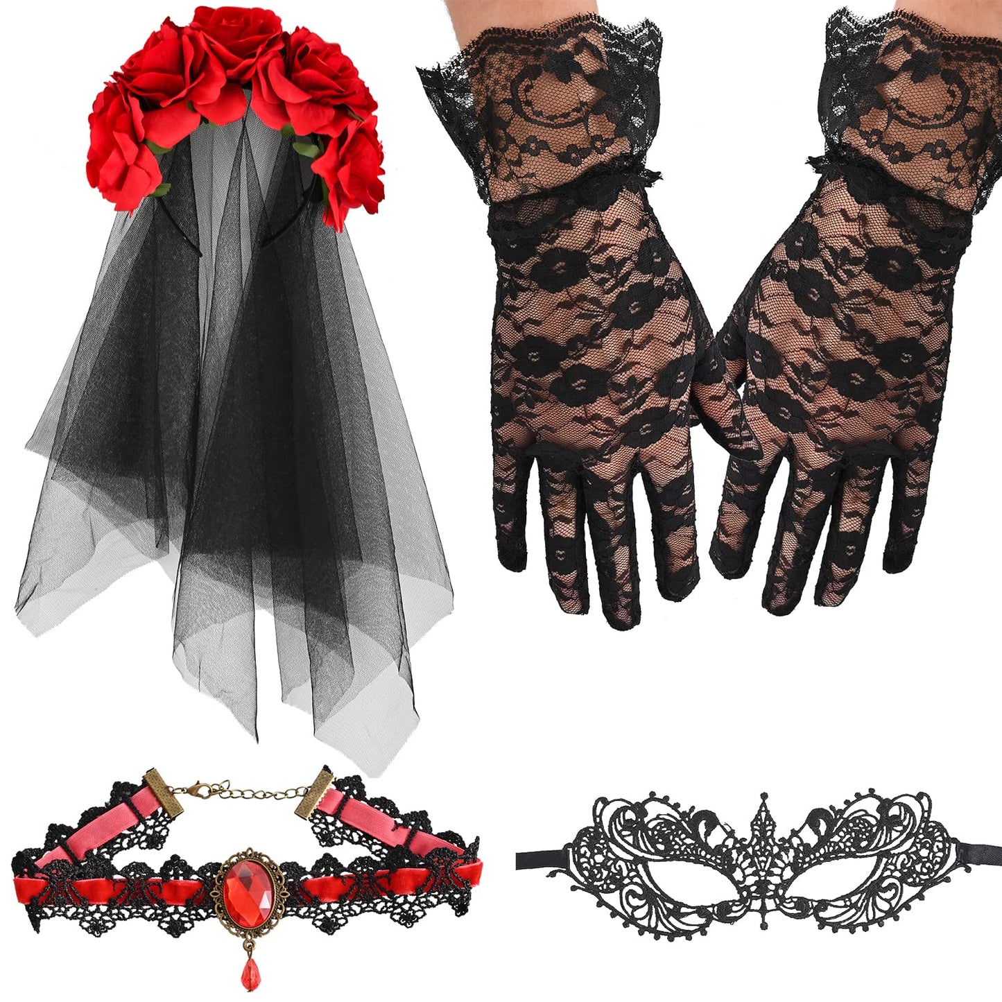 NAUZE 4 Pieces Day of the Dead Halloween Costume Set Gothic Bride Veil Ladies Rose Necklace Lace Eye Mask Lace Gloves for Halloween Adults Costume Accessory(Red)