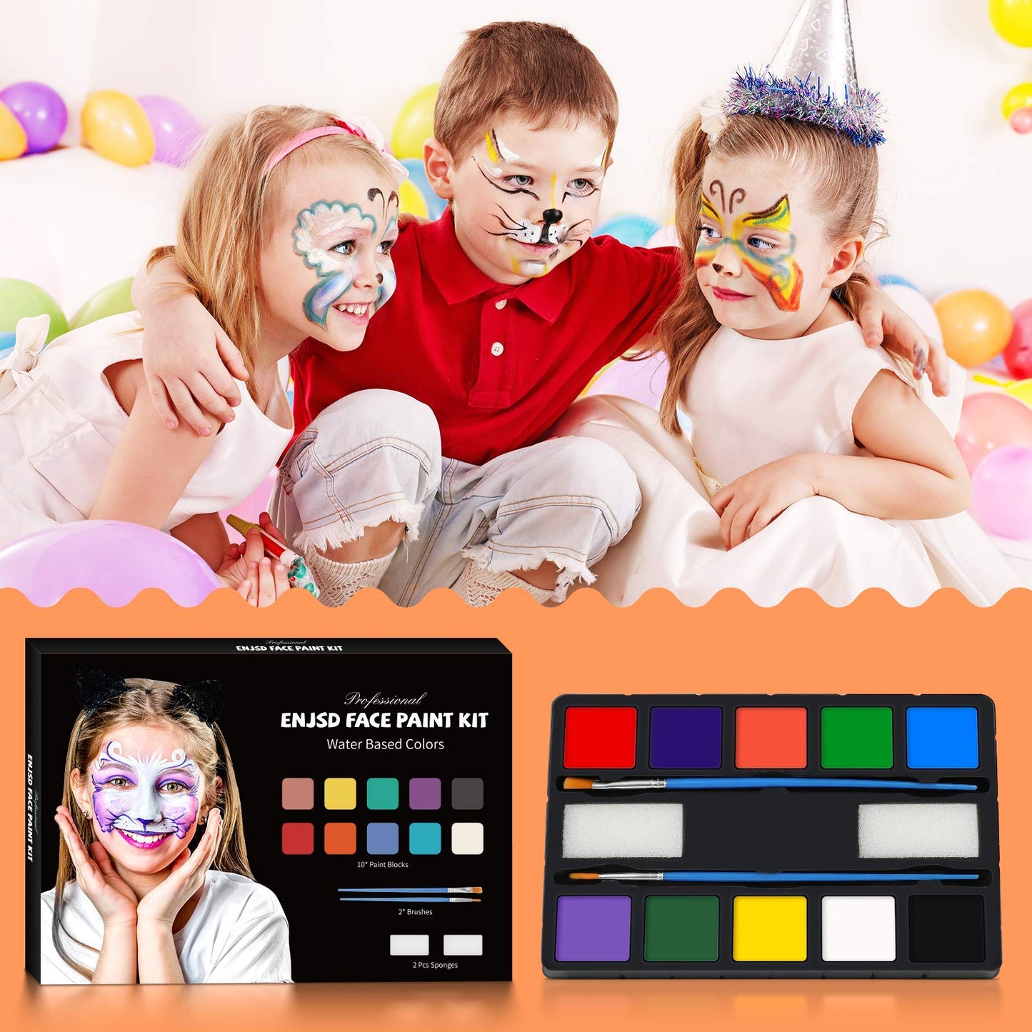 ENJSD Face Paint 14 PCS, Face Paint for Kids and Adults, Water Based Non-Toxic 10 Vivid Colors, 2 Brushes & Sponges, Easily Washable Safe Body Painting for Halloween Makeup and Cosplay
