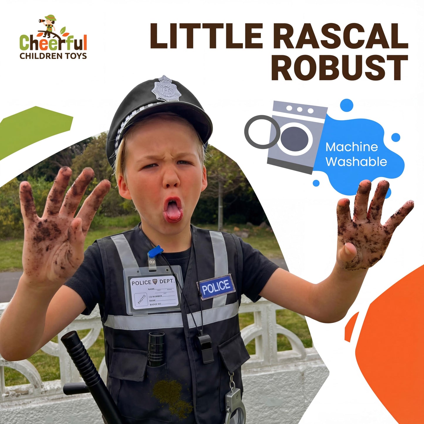 Police Costume Kids Ages 3-7, Complete Officer Set with Hat, Vest, Trousers & Siren Sound Walkie Talkie, Fancy Dress Roleplay Outfit for Halloween & Parties (Black Police Costume without Trousers)