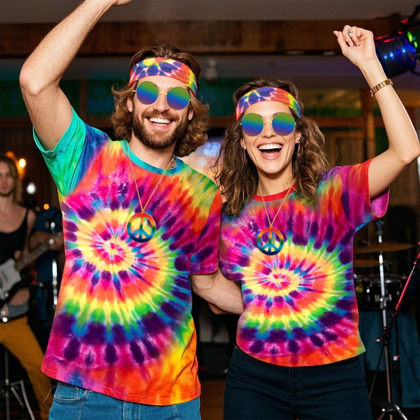 SAIIURV 4 Pcs Hippie Costumes T-Shirt, Sunglasses Peace Necklace Headband, Mens & Womens Pop Hippie 70s Disco, Rock Star Party, 1980s Fancy Dress for Retro Theme Party Cosplay Dress Up(Multicolor)