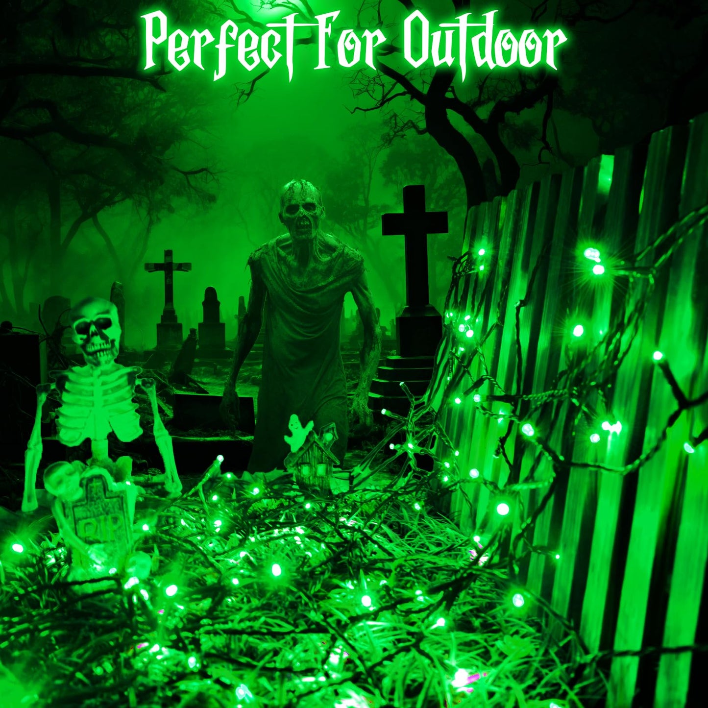 FFZZKJ Halloween Lights Outdoor 8 Modes Total 100 LED with Timer Waterproof 16.4Ft*2, 50LED*2 Fairy Lights Battery Operated for Halloween Decorations, Green