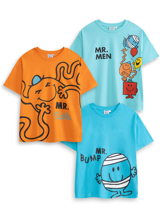 MR. MEN LITTLE MISS Boys Multi-Pack of 3 Short-Sleeved T-Shirts | Graphic Tees Featuring Mr. Tickle, Mr. Bump, & Mr. Men | Cartoon Tops in Orange & Blue Merch