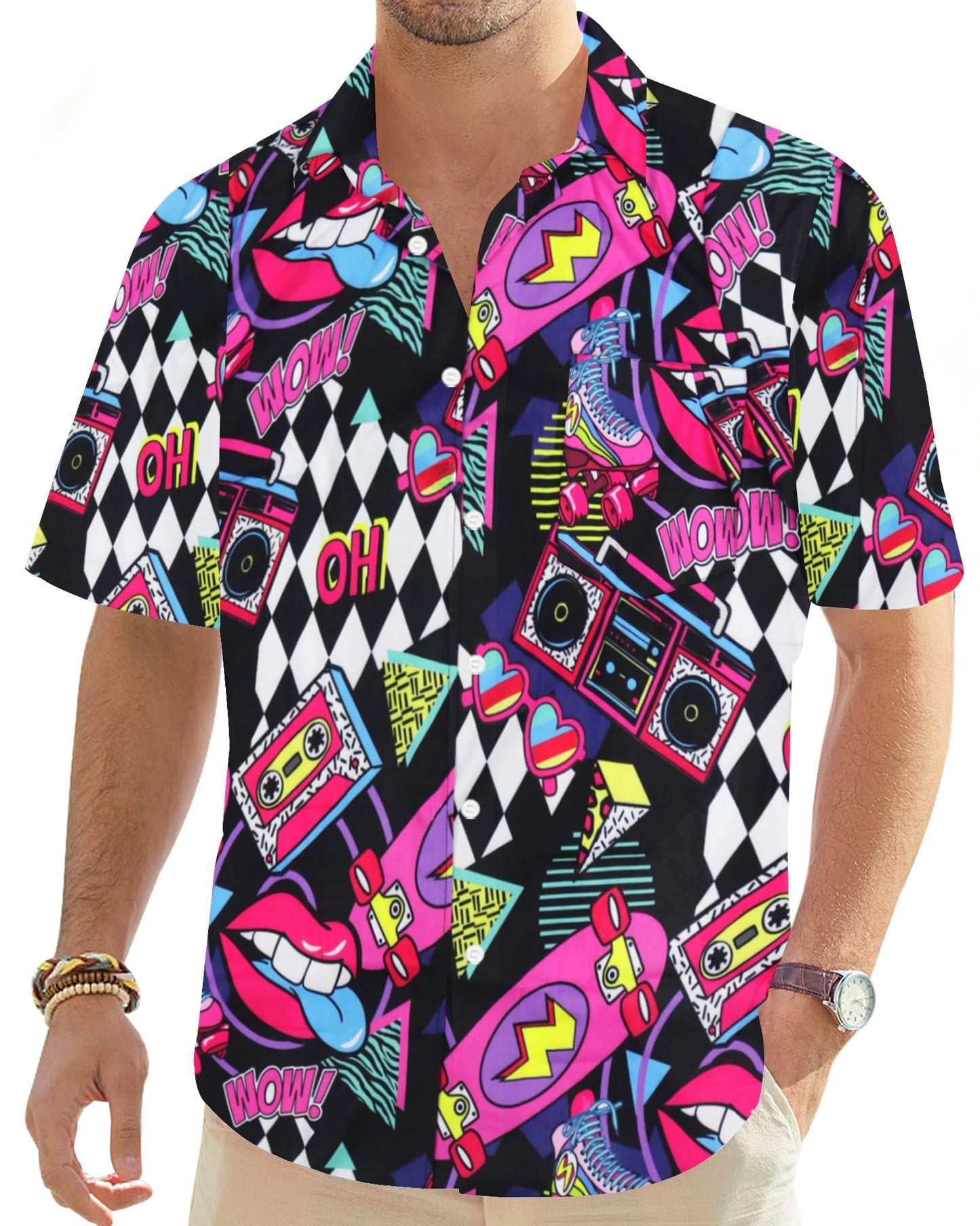 hohololo 80s Vintage Shirt for Men 70s Disco Shirt Party Costume Men's Retro Classic Hawaii Shirt（Multicoloured-B,XL