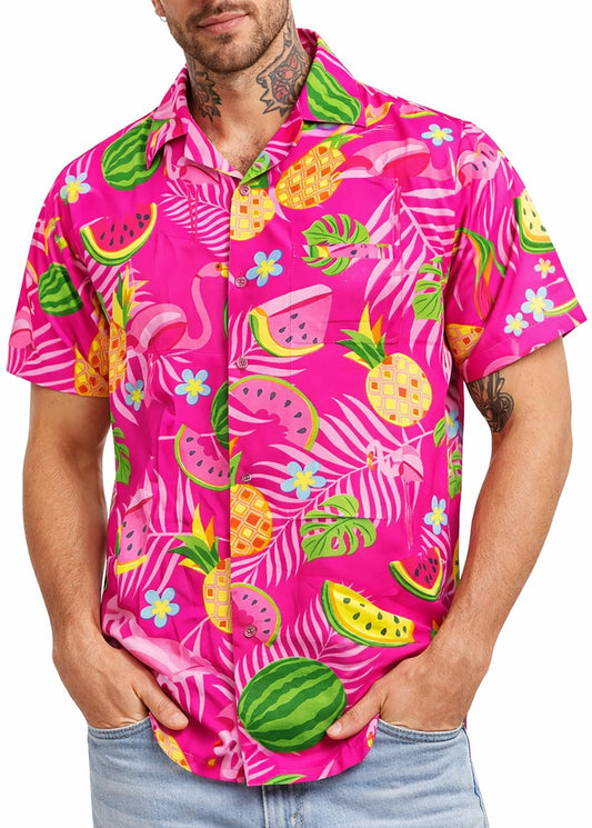 Tropical Hawaiian shirt with flamingo and melon print in classic Aloha style