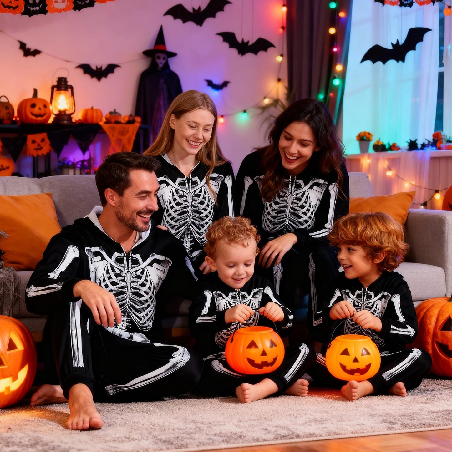 URMAGIC Family Matching Pyjamas Halloween Skeleton Costume Long Sleeve Hooded One Piece Jumpsuit Sleepwear Nightwear Pajamas Pjs for Men Women Children Boys Girls